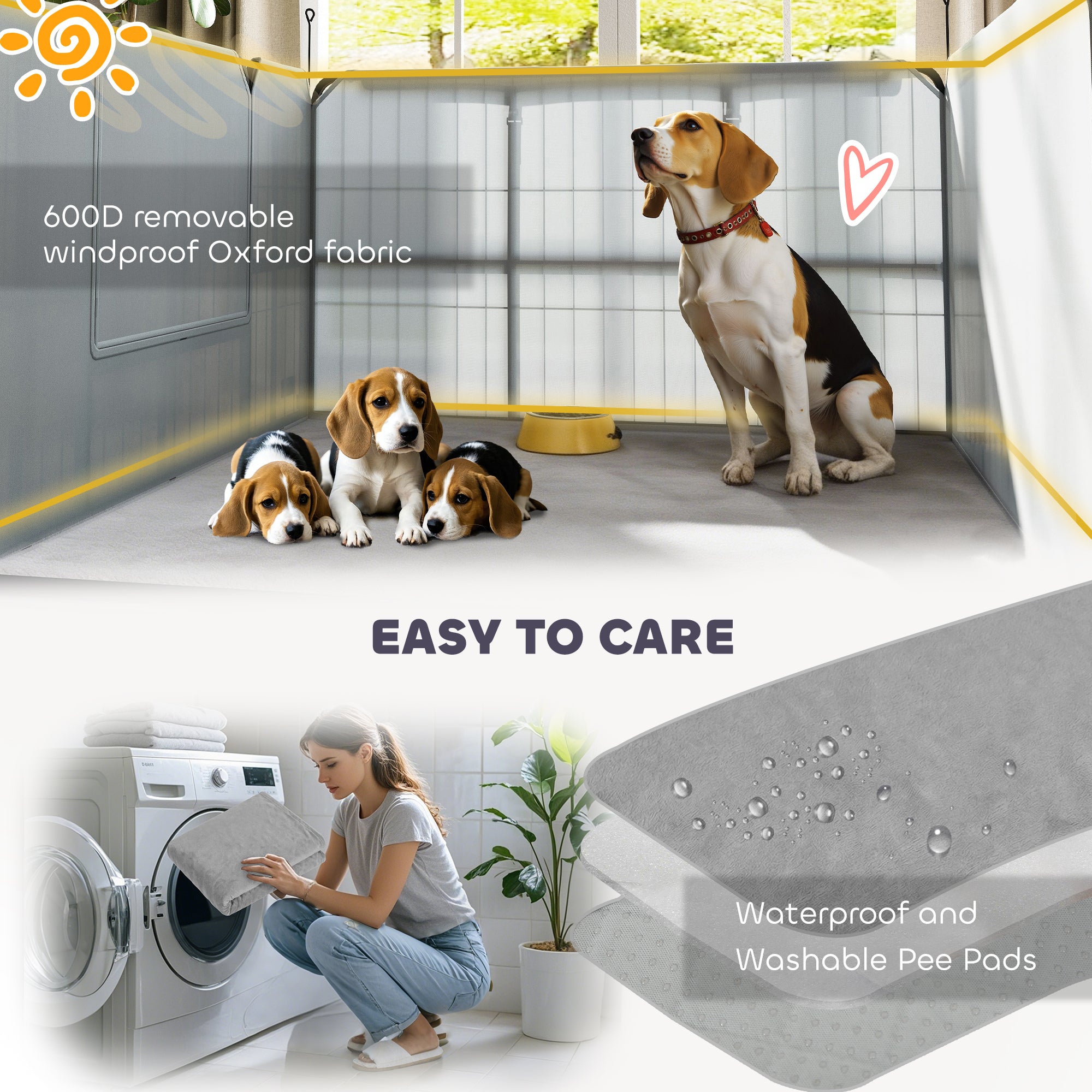 Whelping Box for Dogs, Puppies, 7 Panel Dog Playpen with Two Rooms, Washable Whelping Pads, Water-Resistant Oxford Fabric, Two Doors, for Small and Medium Dogs