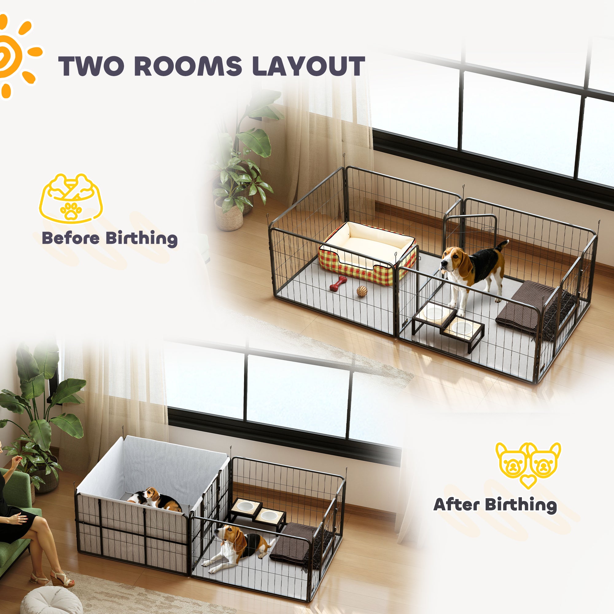 Whelping Box for Dogs, Puppies, 7 Panel Dog Playpen with Two Rooms, Washable Whelping Pads, Water-Resistant Oxford Fabric, Two Doors, for Small and Medium Dogs