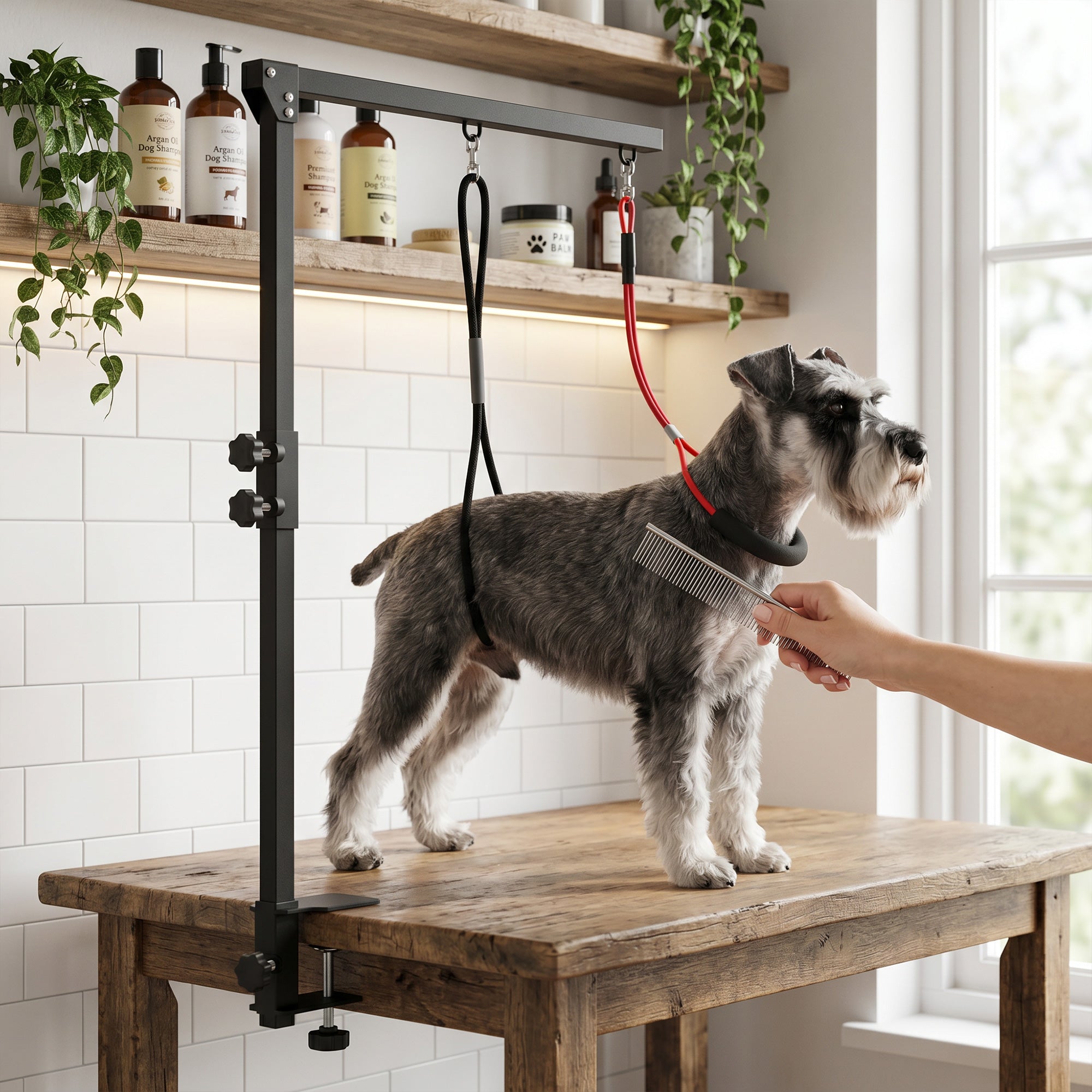 Dog Grooming Arm with Clamp, Adjustable Foldable Dog Grooming with 2 Loop Noose for Small and Medium Breeds, 18.9" -32.3", Black