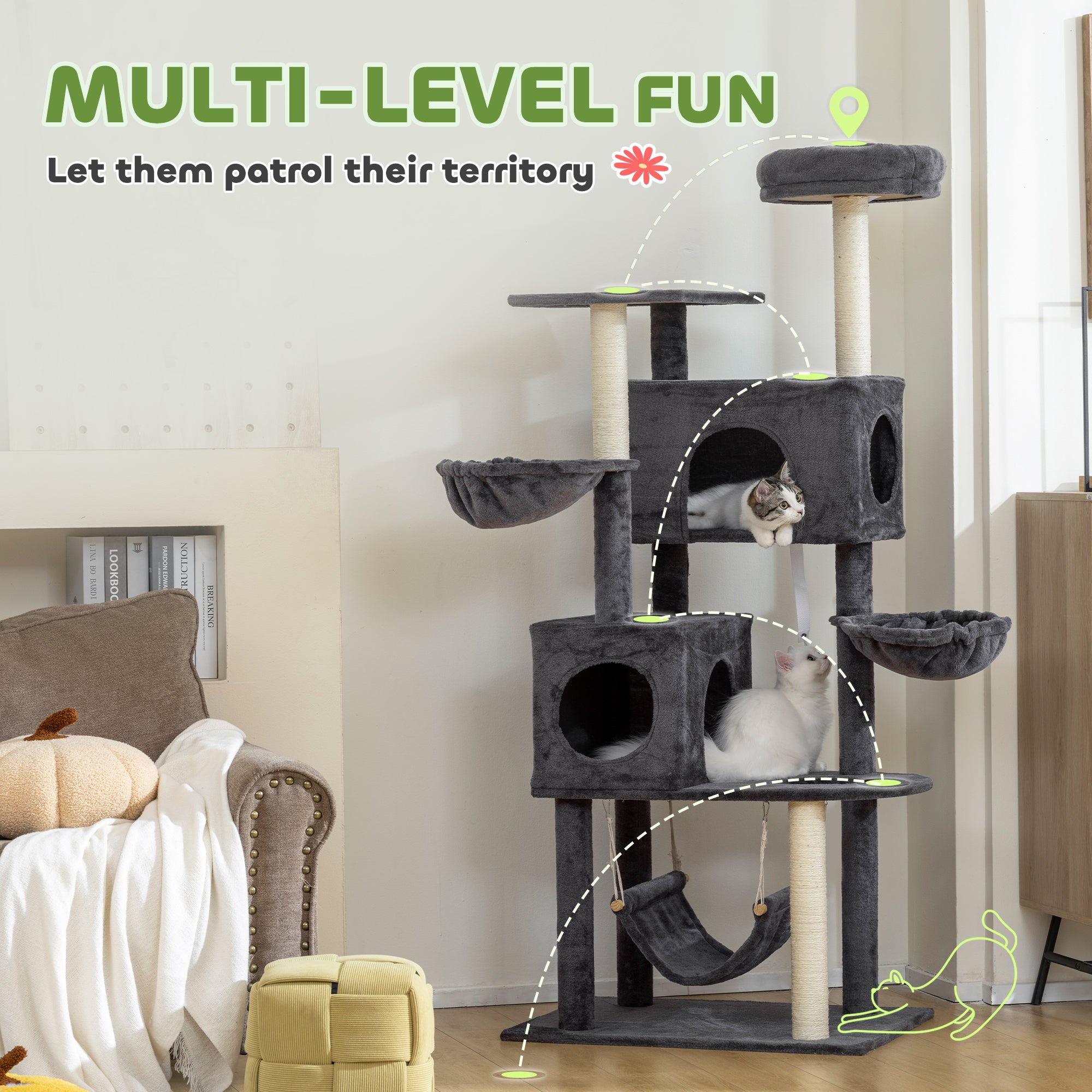 Cat Tree, 66 Inch Large Cat Tower with 2 Door Condos, 3 Big Hammocks, Plush Top Perch, Sisal Scratching Posts, Multi-level Kitty Tree for Indoor Kittens, Dark Grey