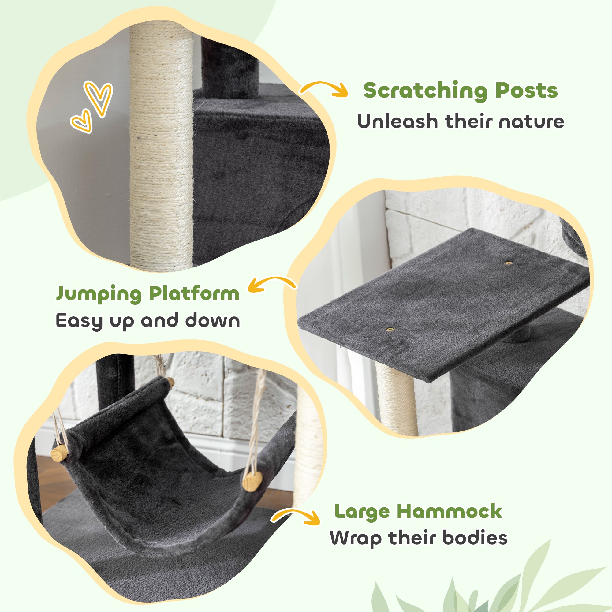Cat Tree, 66 Inch Large Cat Tower with 2 Door Condos, 3 Big Hammocks, Plush Top Perch, Sisal Scratching Posts, Multi-level Kitty Tree for Indoor Kittens, Dark Grey