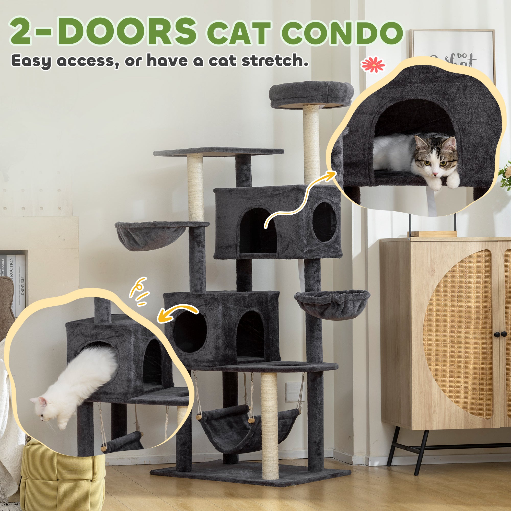 Cat Tree, 66 Inch Large Cat Tower with 2 Door Condos, 3 Big Hammocks, Plush Top Perch, Sisal Scratching Posts, Multi-level Kitty Tree for Indoor Kittens, Dark Grey