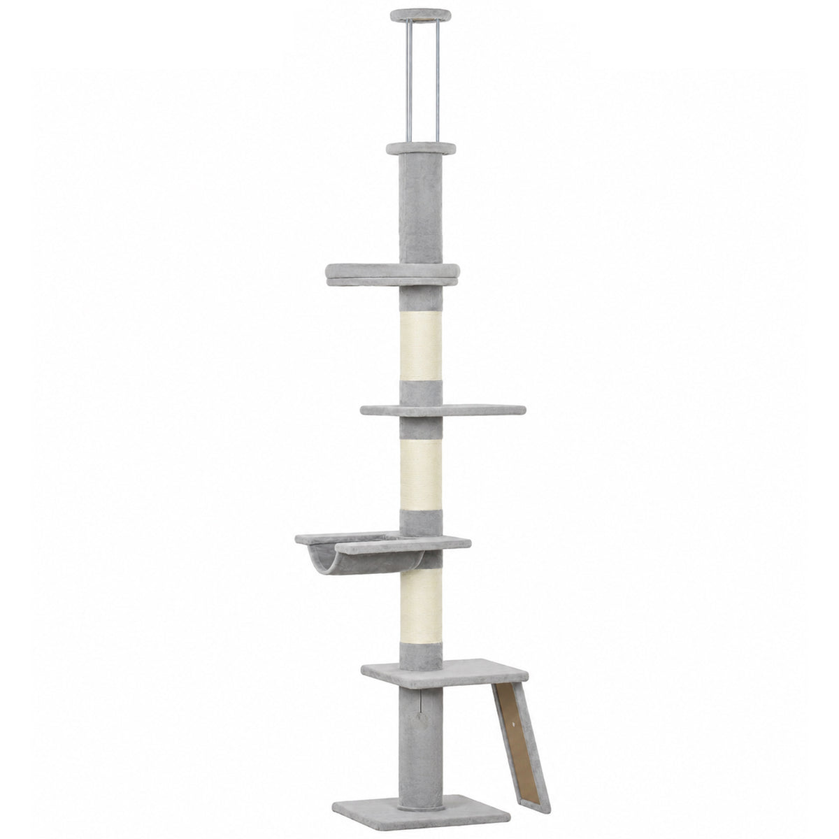 Floor-to-Ceiling Cat Tree, 90.6" -102.4" Adjustable 5-Level Cat Tower with 3 Top Tension Rods, Bed, Hammock, Perches and Sisal Scratching Posts, Light Gray