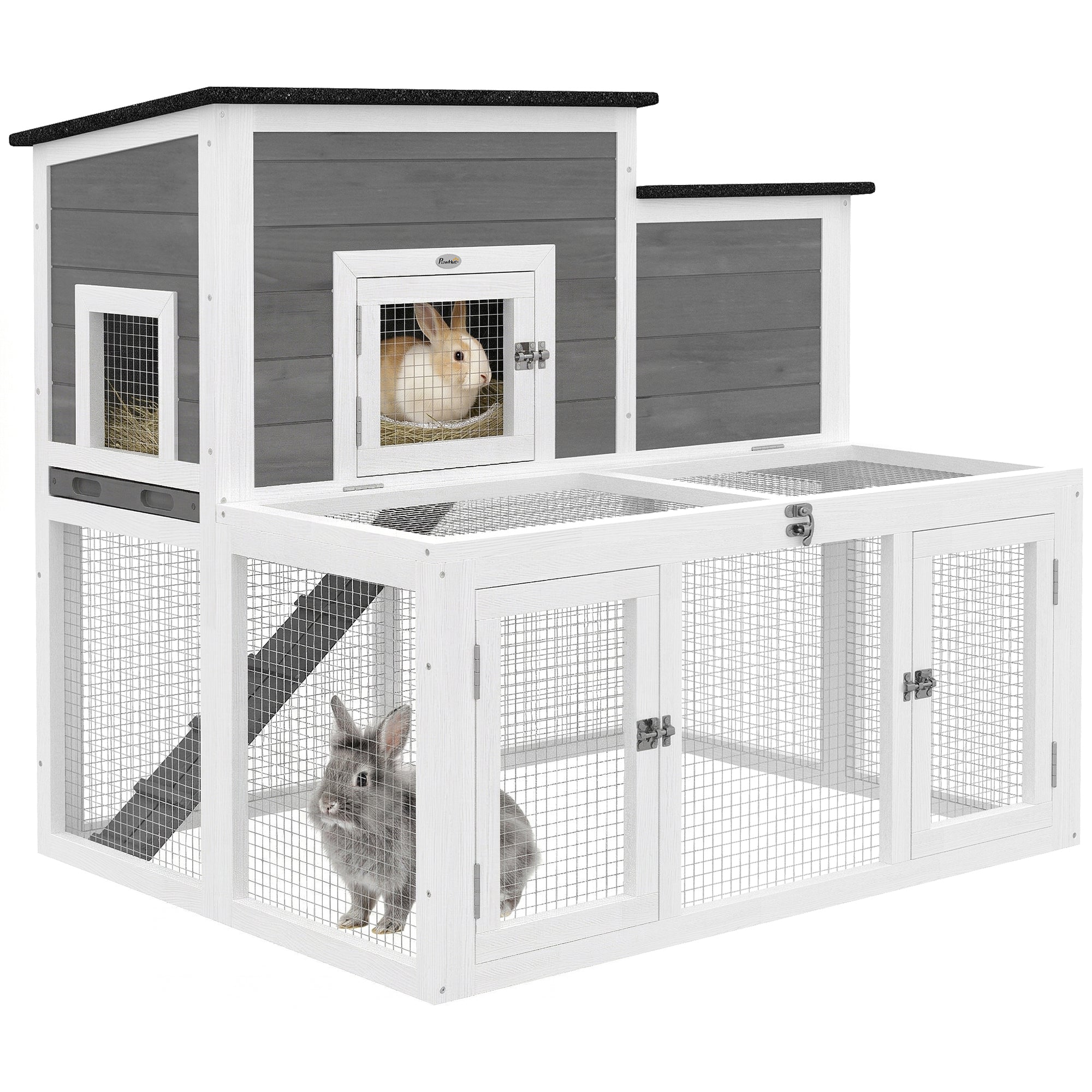 Wooden Rabbit Hutch, 2-Story Bunny Cage w/ Run, Waterproof & Openable Roof, Pull Out Tray and Ramp, Bunny Hutch for 1-2 Rabbits, Outdoor Use