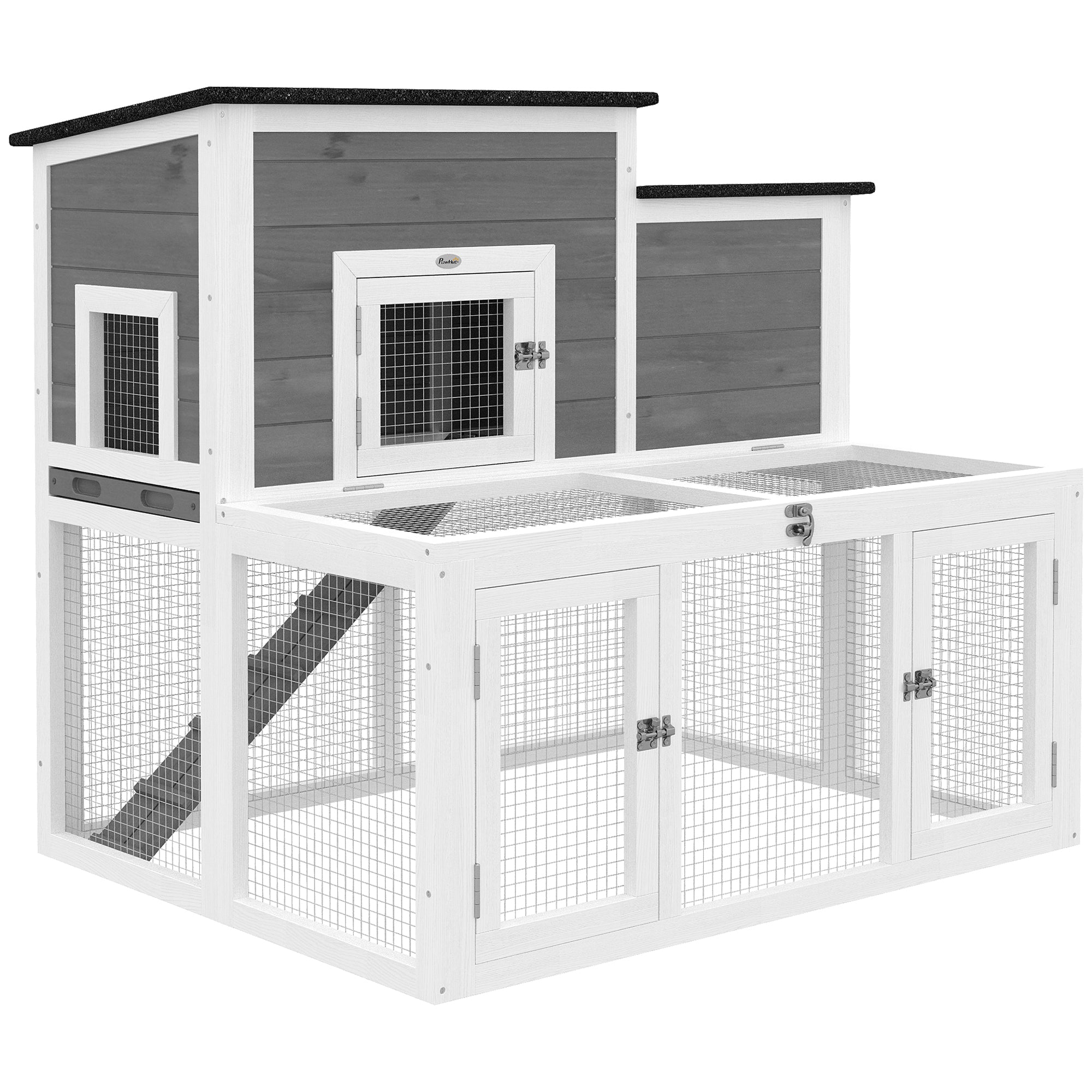 Wooden Rabbit Hutch, 2-Story Bunny Cage w/ Run, Waterproof & Openable Roof, Pull Out Tray and Ramp, Bunny Hutch for 1-2 Rabbits, Outdoor Use