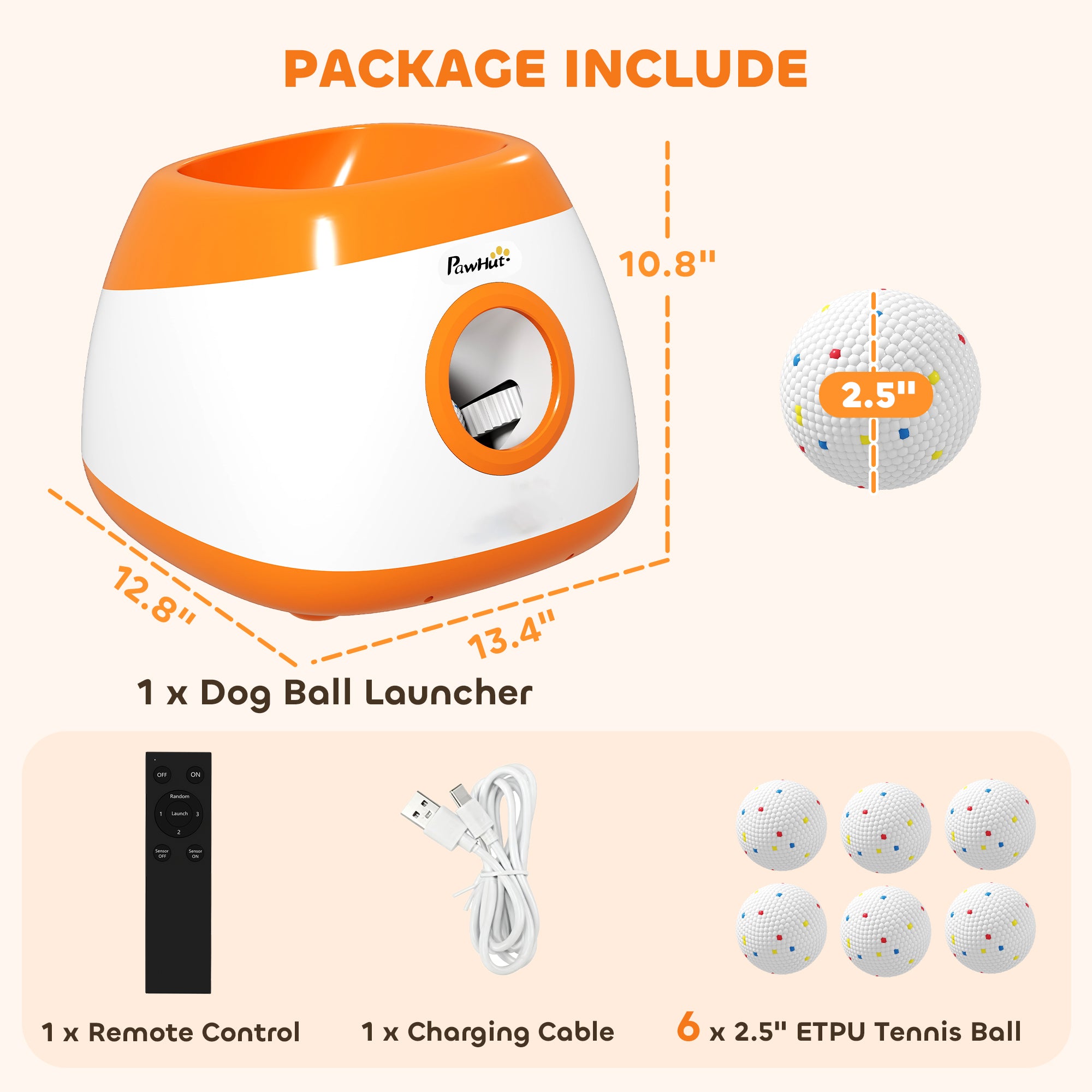 Dog Ball Launcher Automatic, 26-79 FT Adjustable Distance, Rechargeable Dog Ball Thrower with 6 ETPU Tennis Fetch Toys 2.5", Low Noise, Remote Control, for Medium to Large Breeds, Orange