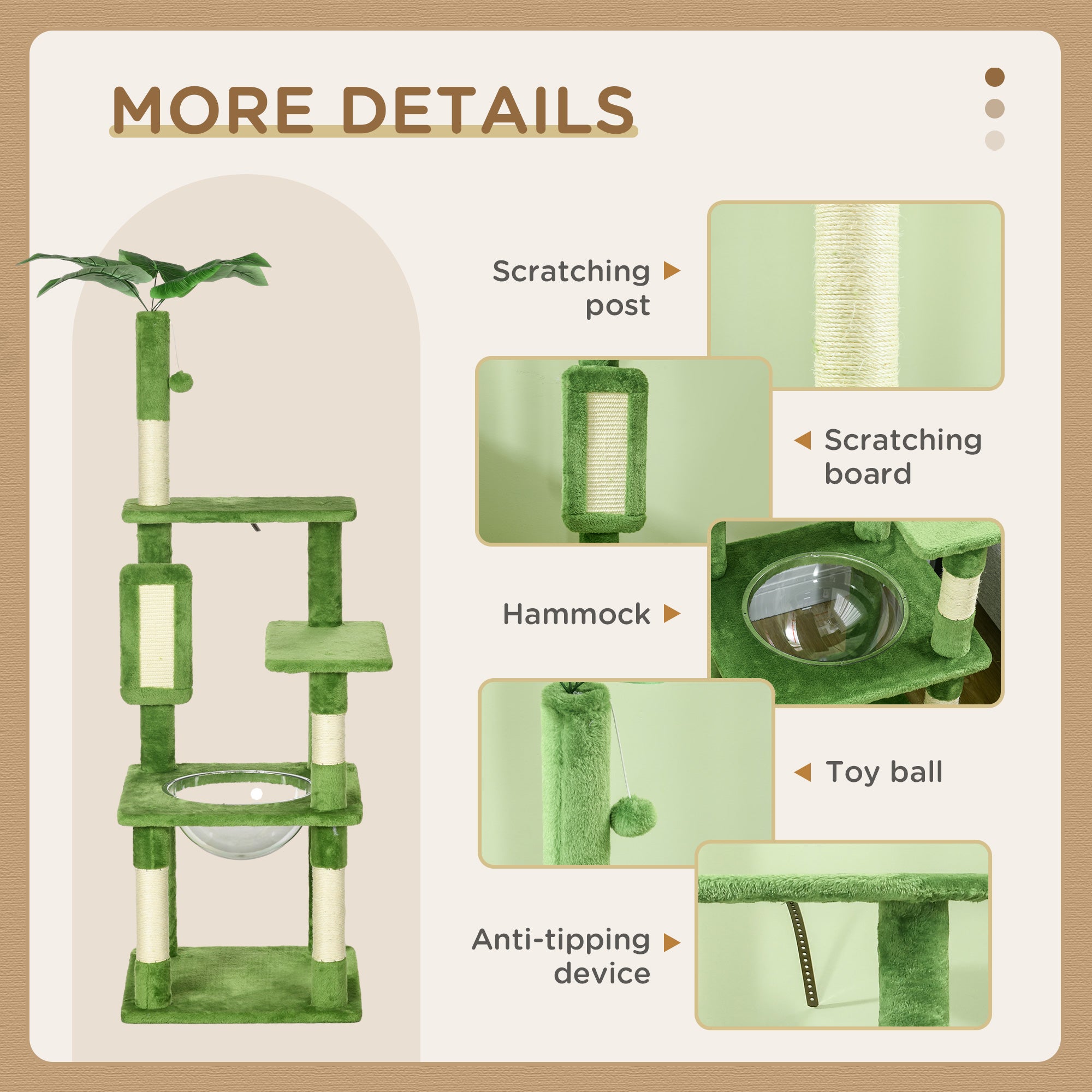 142cm Cat Tree for Indoor Cats, Cat Tower with Scratching Posts, Scratch Board, Hammock, Toy Balls, Multi-level Platforms, Green