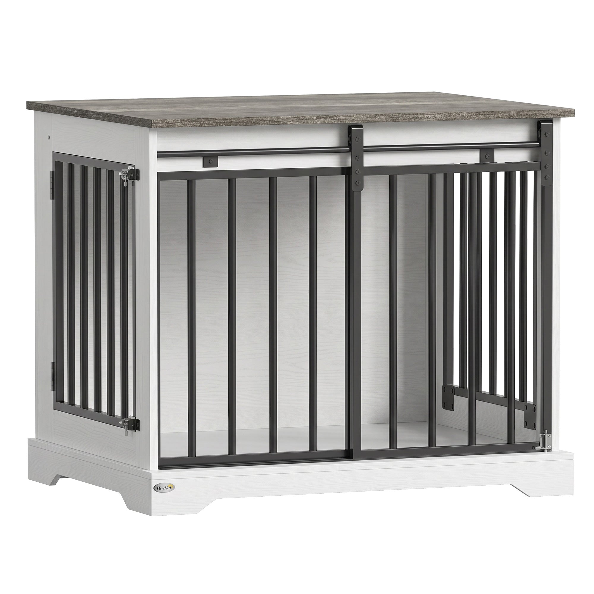 Dog Crate Furniture, 80 cm Double Door Wooden Dog Crate with Sliding Barn Door, Indoor Kennel End Table for Medium Breeds, Anti-Chew Steel Puppy Cage, White