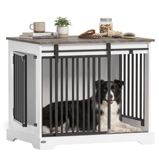 Dog Crate Furniture, 80 cm Double Door Wooden Dog Crate with Sliding Barn Door, Indoor Kennel End Table for Medium Breeds, Anti-Chew Steel Puppy Cage, White