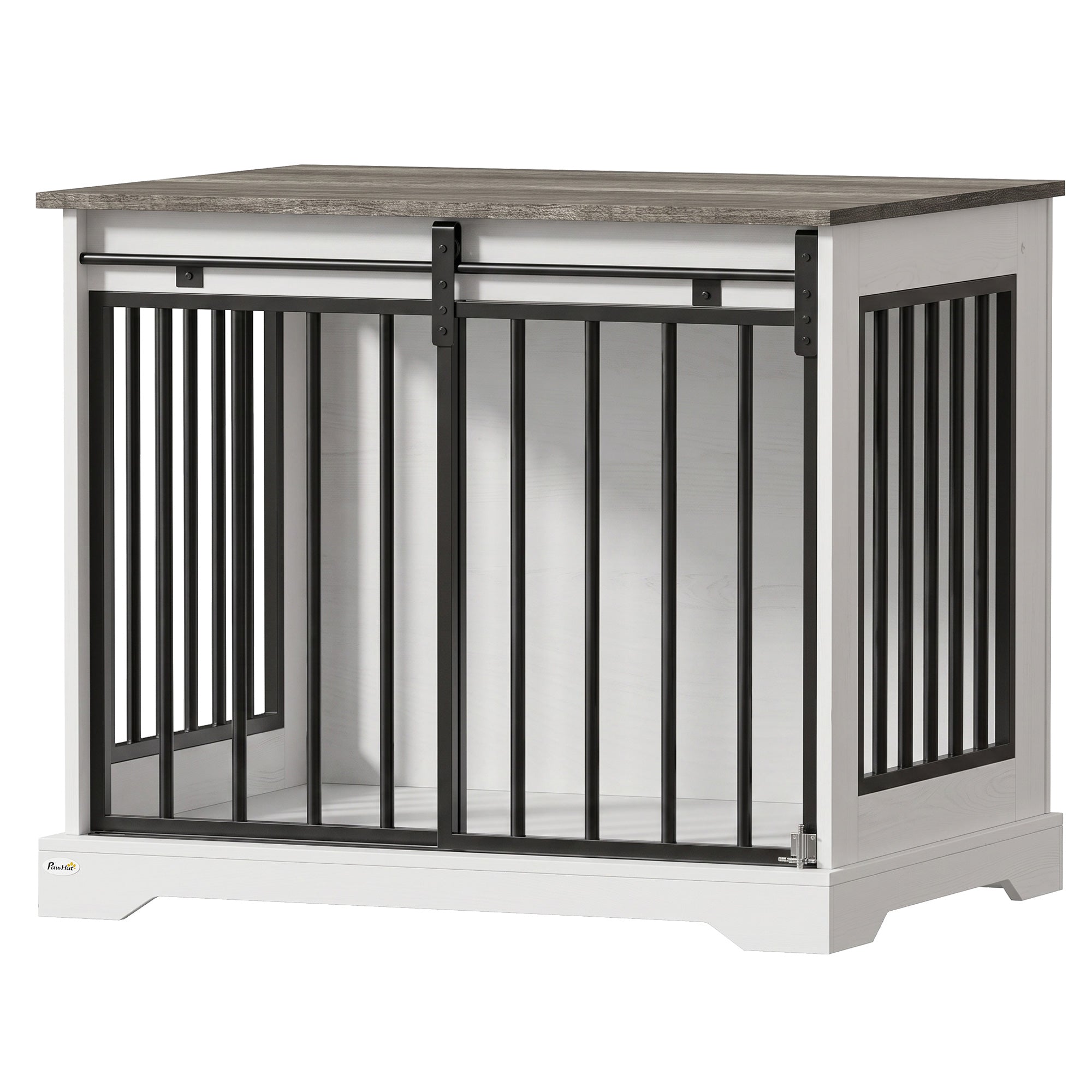 Dog Crate Furniture, 80 cm Double Door Wooden Dog Crate with Sliding Barn Door, Indoor Kennel End Table for Medium Breeds, Anti-Chew Steel Puppy Cage, White