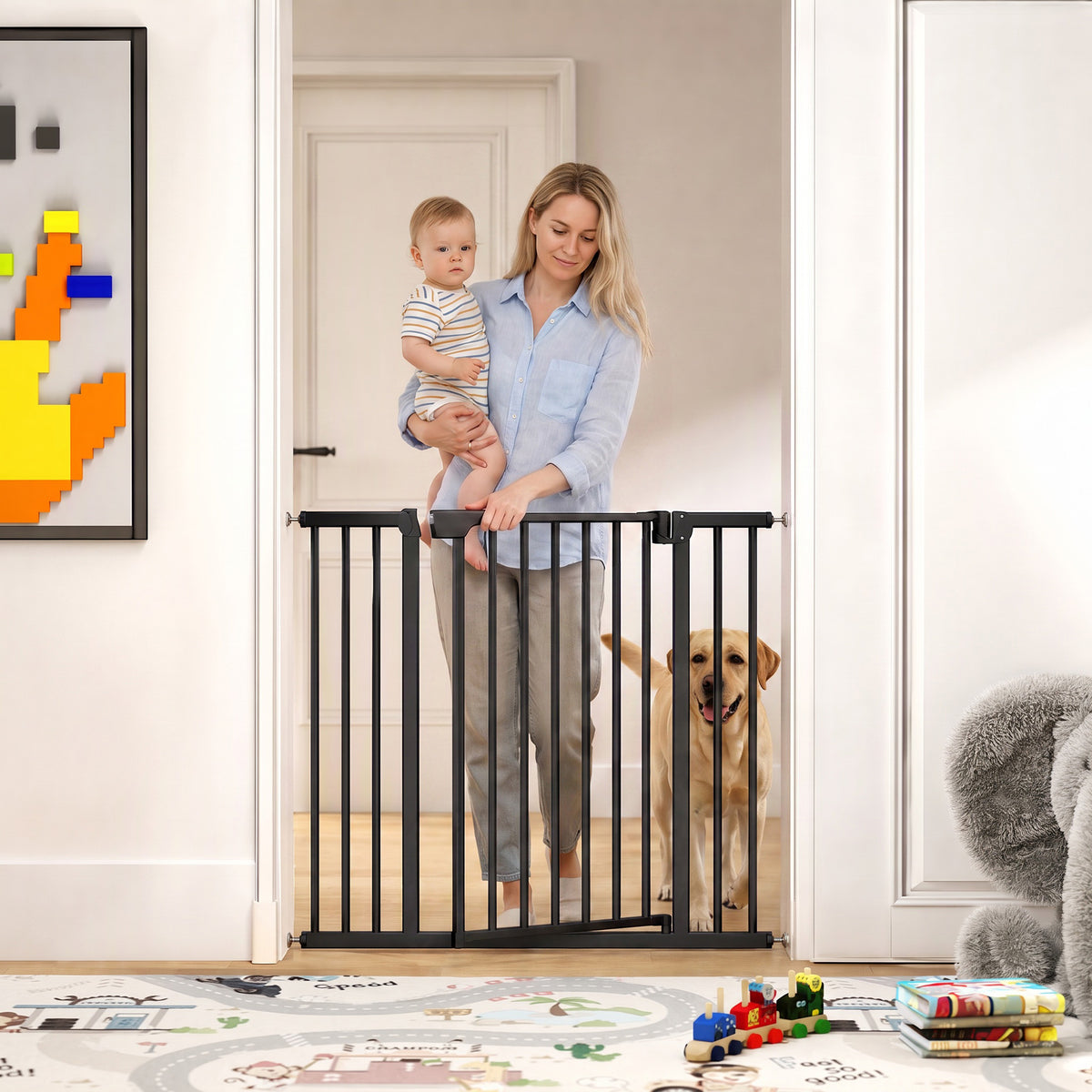 Baby Gate, 30"-32", 33"-35", 35"-37", 38"-40"W Pet Gate with Auto-Close, Two-Way Open, Pressure Mounted for Stair, Doorways and Hallways, 36"H, Black