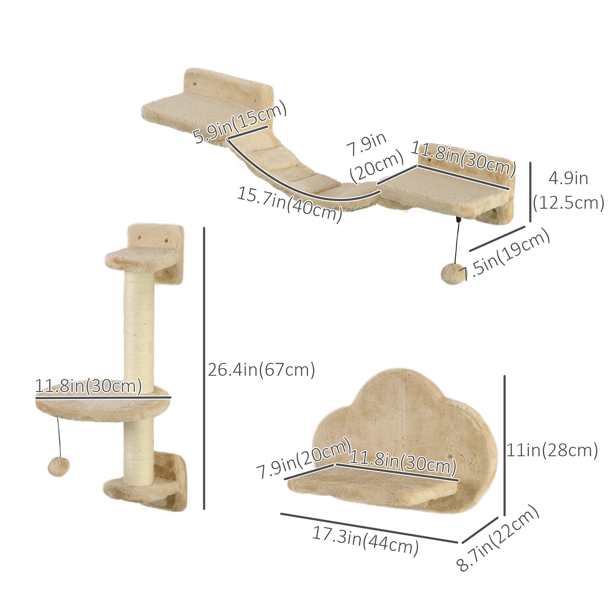 3Pcs Cat Wall Shelf with Scratching Post, Cat Wall Shelves for Relaxing, Climbing, Cat Wall With Soft Ladder and Play Balls, Beige