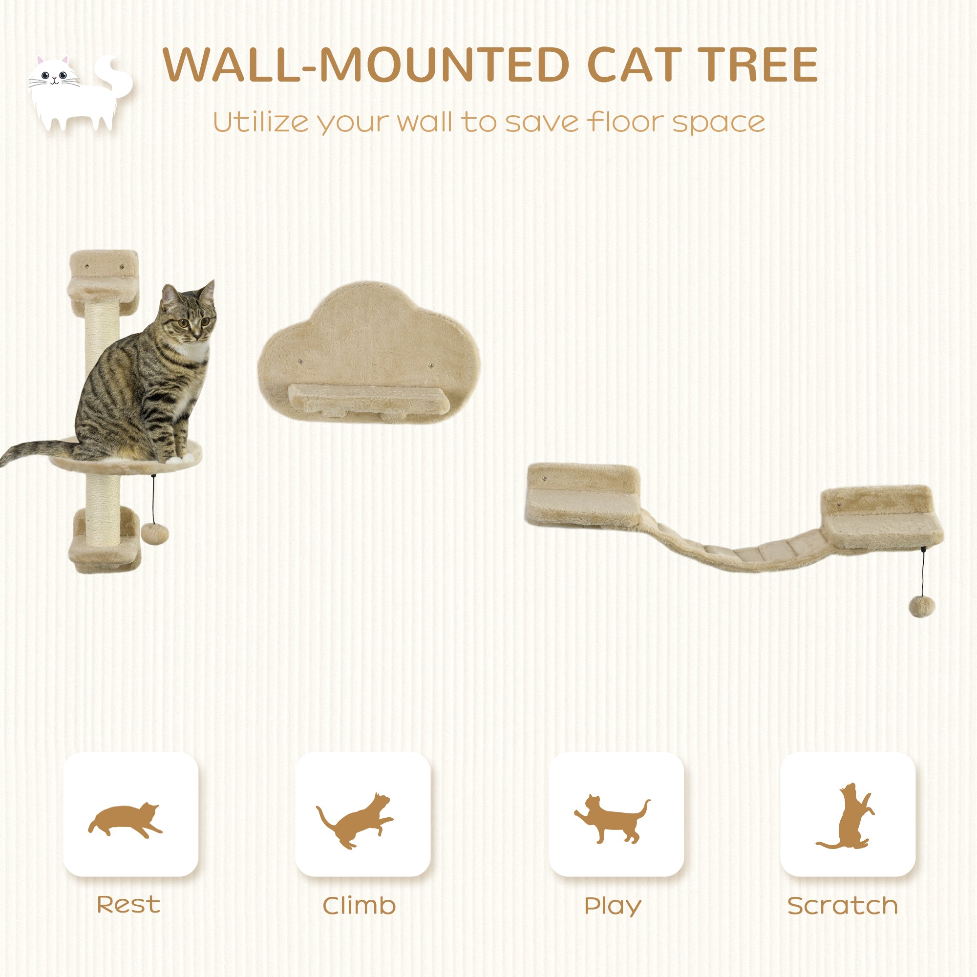 3Pcs Cat Wall Shelf with Scratching Post, Cat Wall Shelves for Relaxing, Climbing, Cat Wall With Soft Ladder and Play Balls, Beige