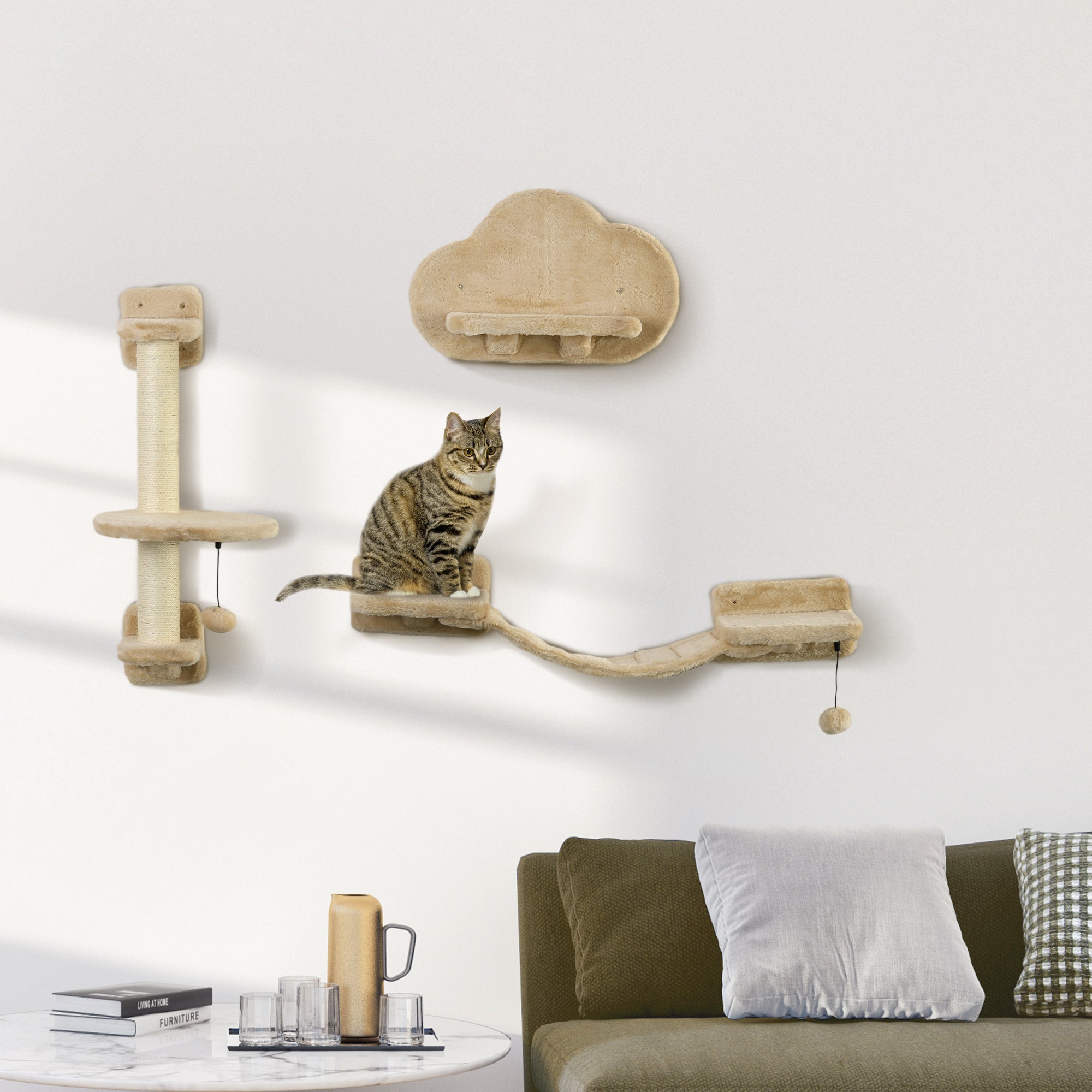 3Pcs Cat Wall Shelf with Scratching Post, Cat Wall Shelves for Relaxing, Climbing, Cat Wall With Soft Ladder and Play Balls, Beige