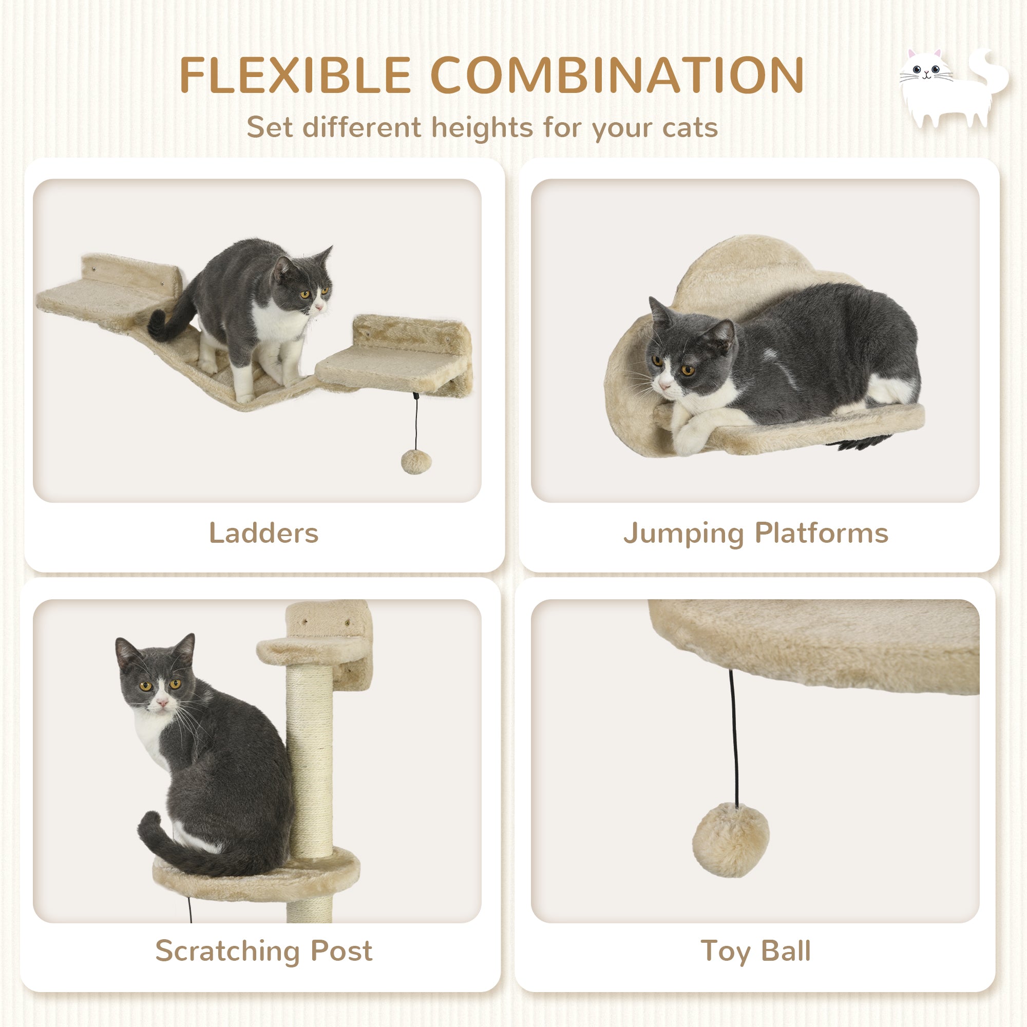 3Pcs Cat Wall Shelf with Scratching Post, Cat Wall Shelves for Relaxing, Climbing, Cat Wall With Soft Ladder and Play Balls, Beige