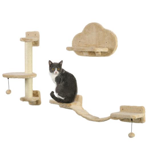 3Pcs Cat Wall Shelf with Scratching Post, Cat Wall Shelves for Relaxing, Climbing, Cat Wall With Soft Ladder and Play Balls, Beige
