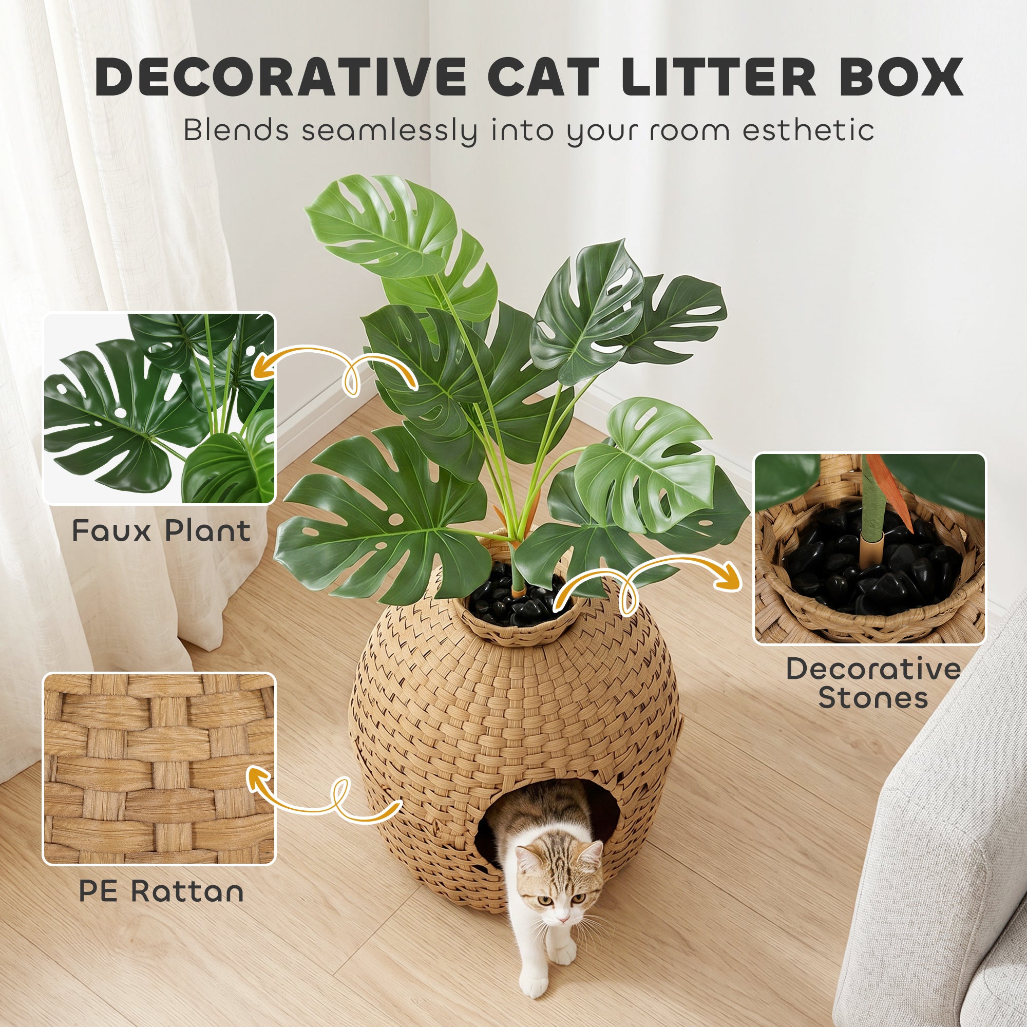 Hidden Cat Litter Box Plant Furniture Enclosure with Faux Plant & Stainless Steel Tray, Decorative Rattan Planter Cat Bed,  Odor Control Filter & Real Stones, for Bedroom, Living Room, Corner