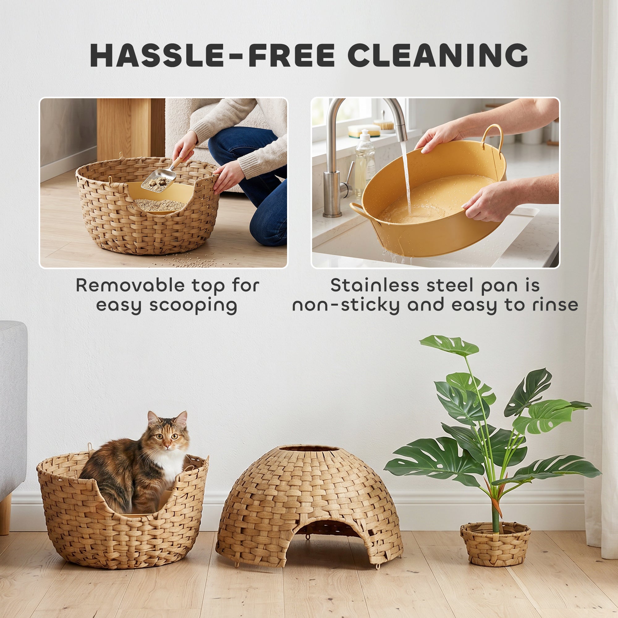 Hidden Cat Litter Box Plant Furniture Enclosure with Faux Plant & Stainless Steel Tray, Decorative Rattan Planter Cat Bed,  Odor Control Filter & Real Stones, for Bedroom, Living Room, Corner