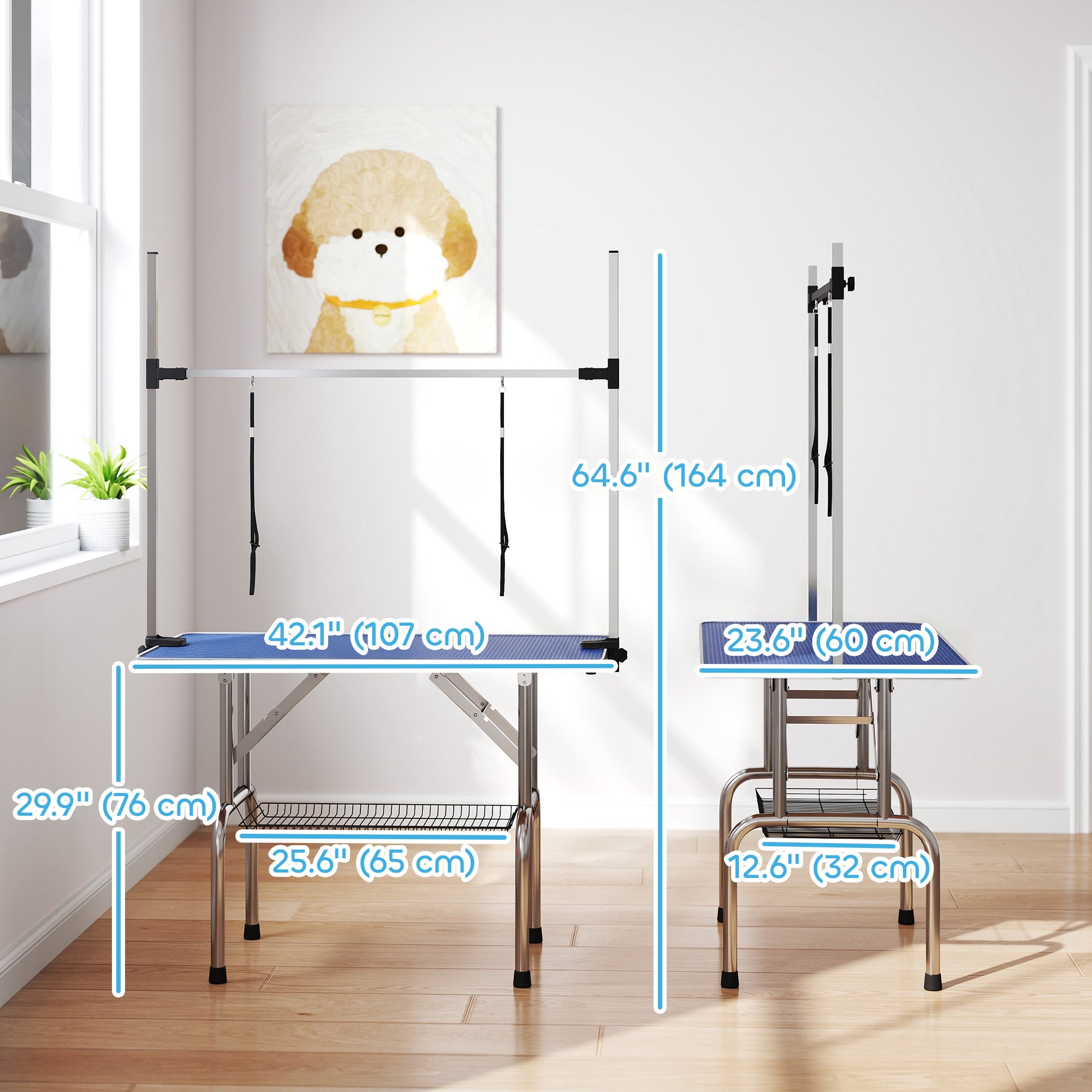 43"L Dog Grooming Table, Pet Foldable Grooming Table with 8"- 32" Adjustable Arm, Two Nooses, Mesh Tray and Rubber Top for Large Medium Small Pets, Blue