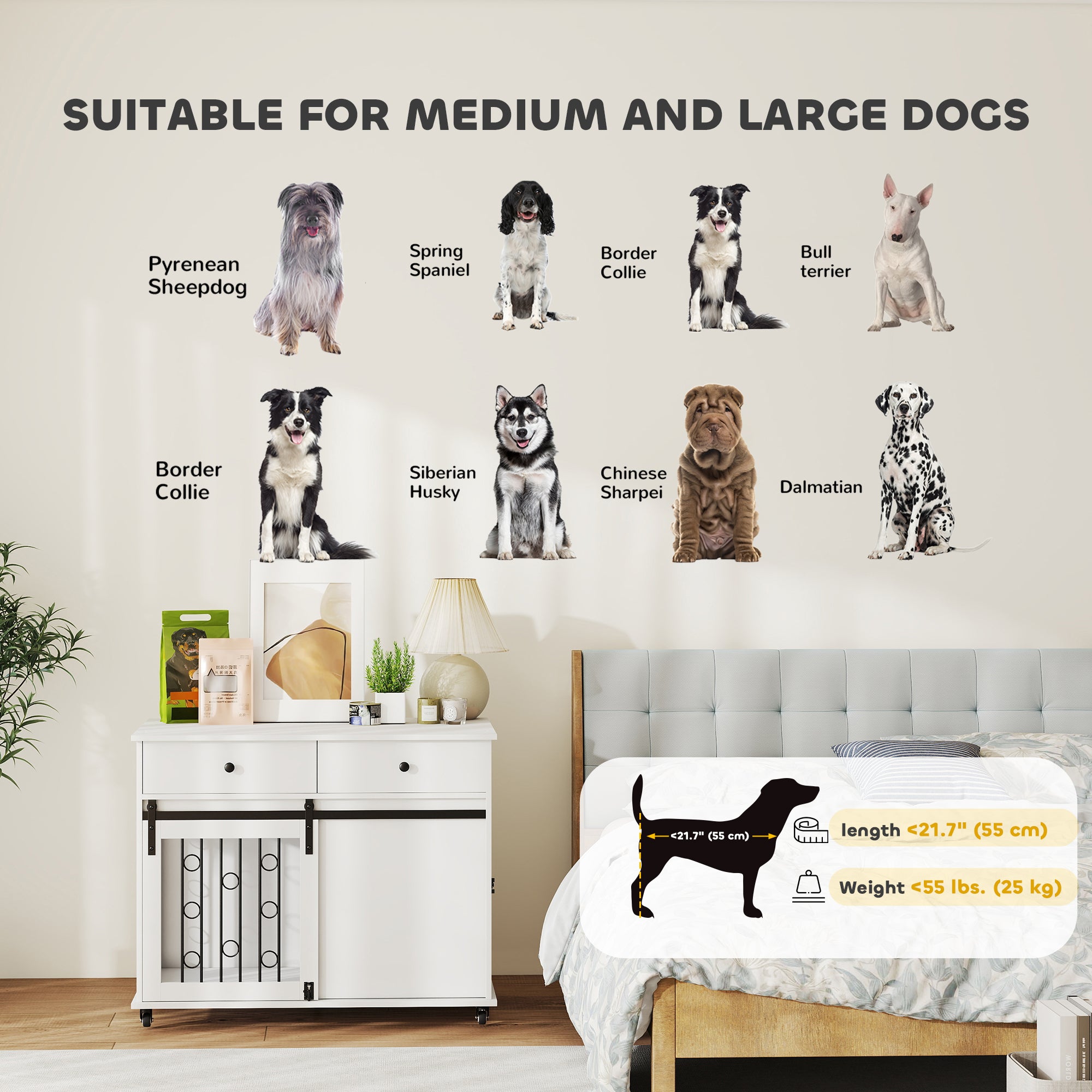 Dog Crate Furniture, 39" Dog Kennel Indoor with 2 Storage Drawers, Wheels, Sliding Door, Decorative End Side Table Pet House Cage for Medium and Large Breeds, White