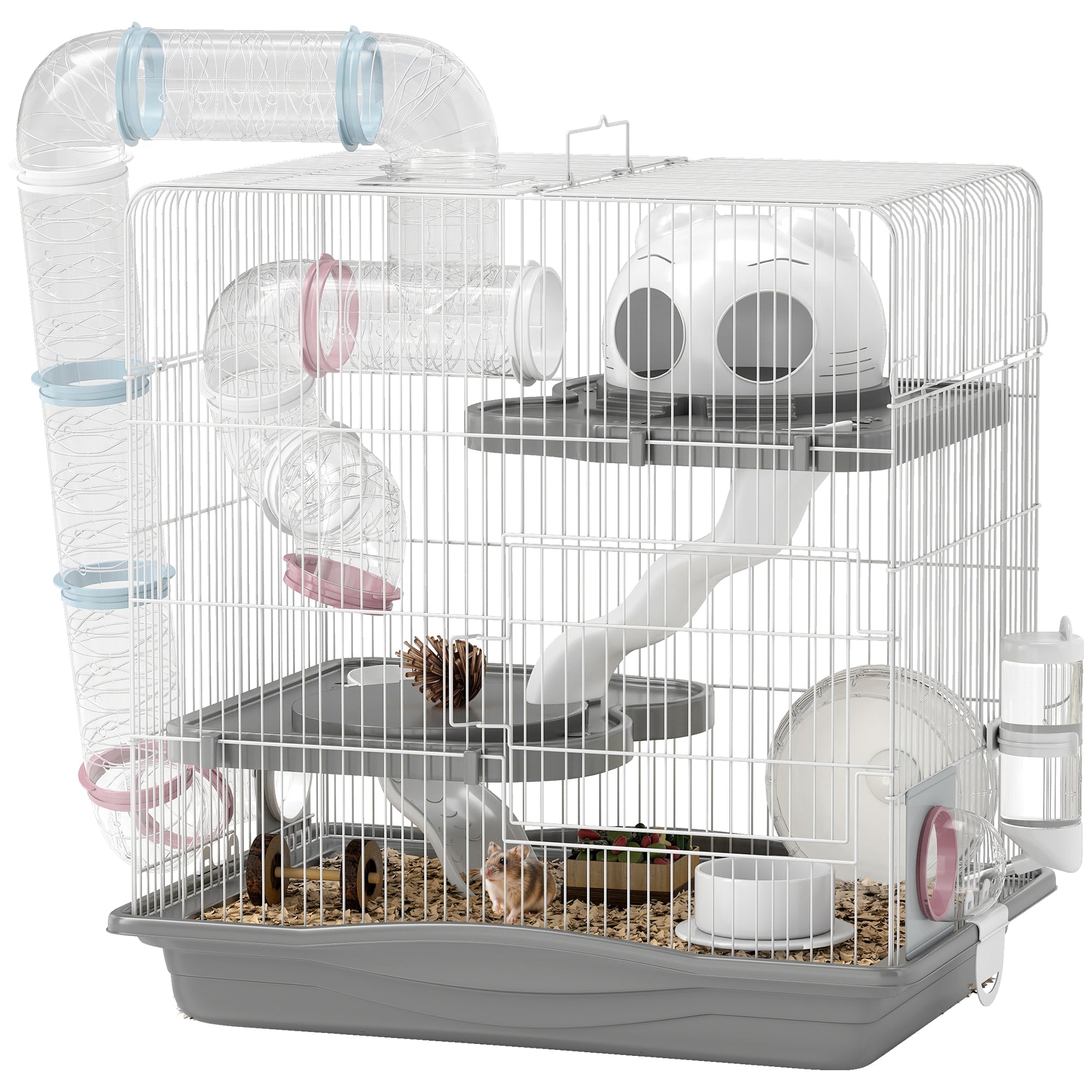 3-Tier Hamster Cage, Portable Gerbil Cage with Exercise Wheel, Tunnel, Water Bottle, Food Dish, Hut, Ramp, for Dwarf Hamsters, Mouse, 17.7" x 11.8" x 17.7", Grey