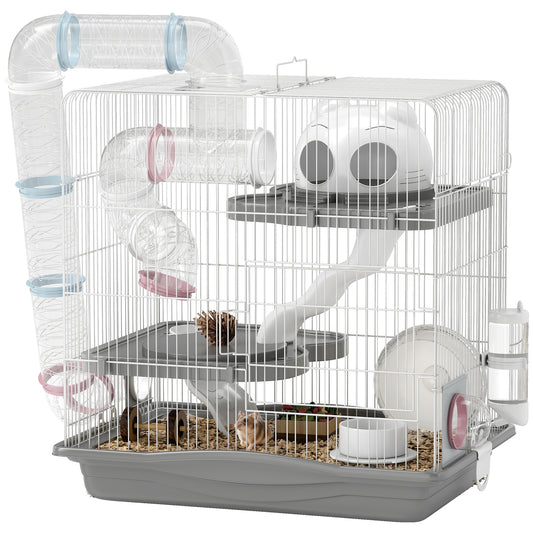 3-Tier Hamster Cage, Portable Gerbil Cage with Exercise Wheel, Tunnel, Water Bottle, Food Dish, Hut, Ramp, for Dwarf Hamsters, Mouse, 17.7" x 11.8" x 17.7", Grey