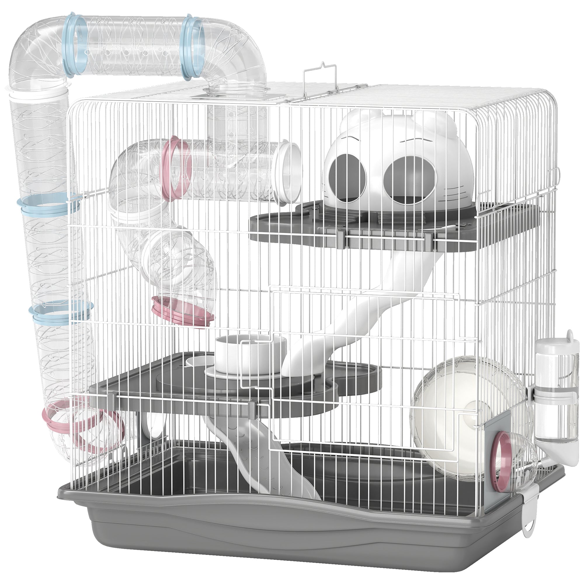 3-Tier Hamster Cage, Portable Gerbil Cage with Exercise Wheel, Tunnel, Water Bottle, Food Dish, Hut, Ramp, for Dwarf Hamsters, Mouse, 17.7" x 11.8" x 17.7", Grey