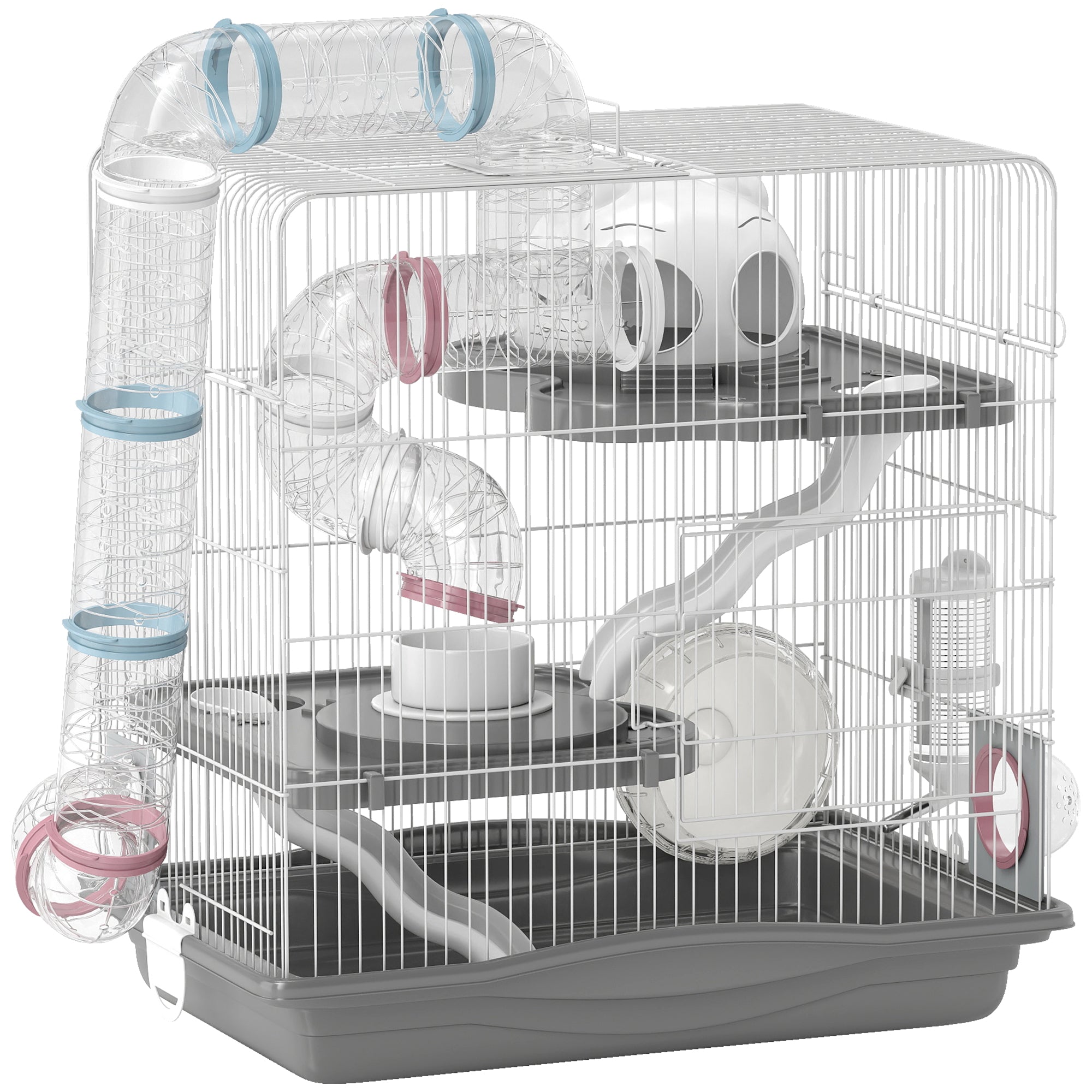 3-Tier Hamster Cage, Portable Gerbil Cage with Exercise Wheel, Tunnel, Water Bottle, Food Dish, Hut, Ramp, for Dwarf Hamsters, Mouse, 17.7" x 11.8" x 17.7", Grey