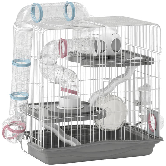 3-Tier Hamster Cage, Portable Gerbil Cage with Exercise Wheel, Tunnel, Water Bottle, Food Dish, Hut, Ramp, for Dwarf Hamsters, Mouse, 17.7" x 11.8" x 17.7", Grey