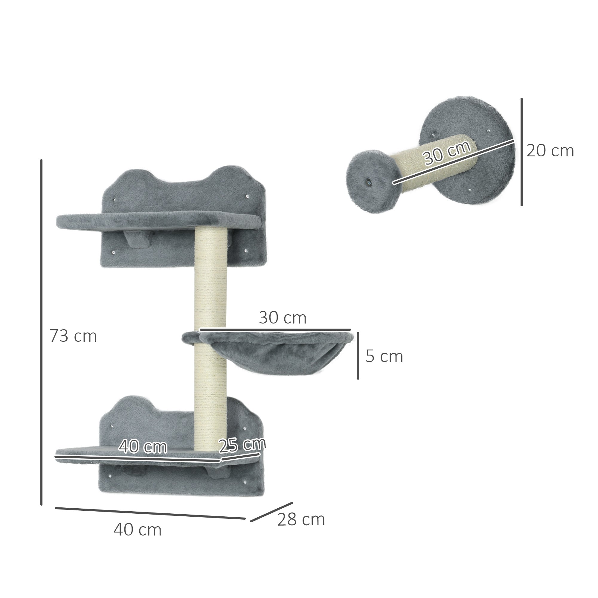 4 Piece Cat Shelves Cat Wall Furniture Wall-Mounted Cat Tree for Indoor Cat w/ Hammock, Steps, Platforms, Scratching Post - Grey