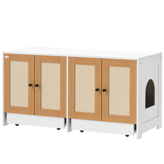 Cat Litter Box Enclosure, Hidden Litter Box Furniture with Pull-Out Tray, Indoor Cat Washroom with 2 Storage Cabinet,  Scratching Mat, Oak