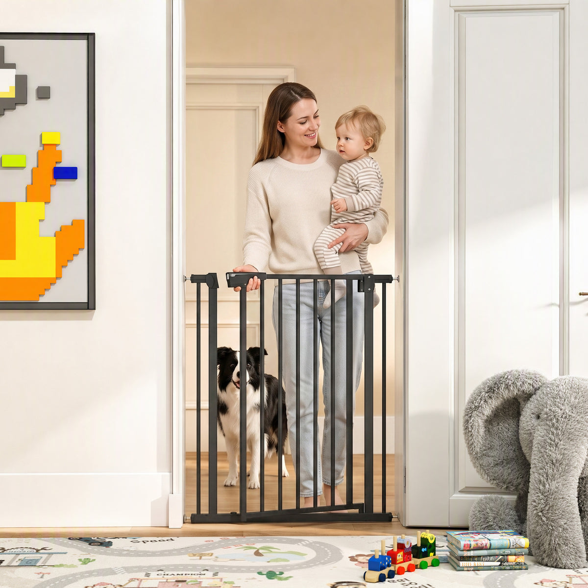 30"-32" Baby Gate, 36"H Pet Gate with Auto-Close, Two-Way Open, Pressure Mounted for Stairs, Doorways and Hallways, Black