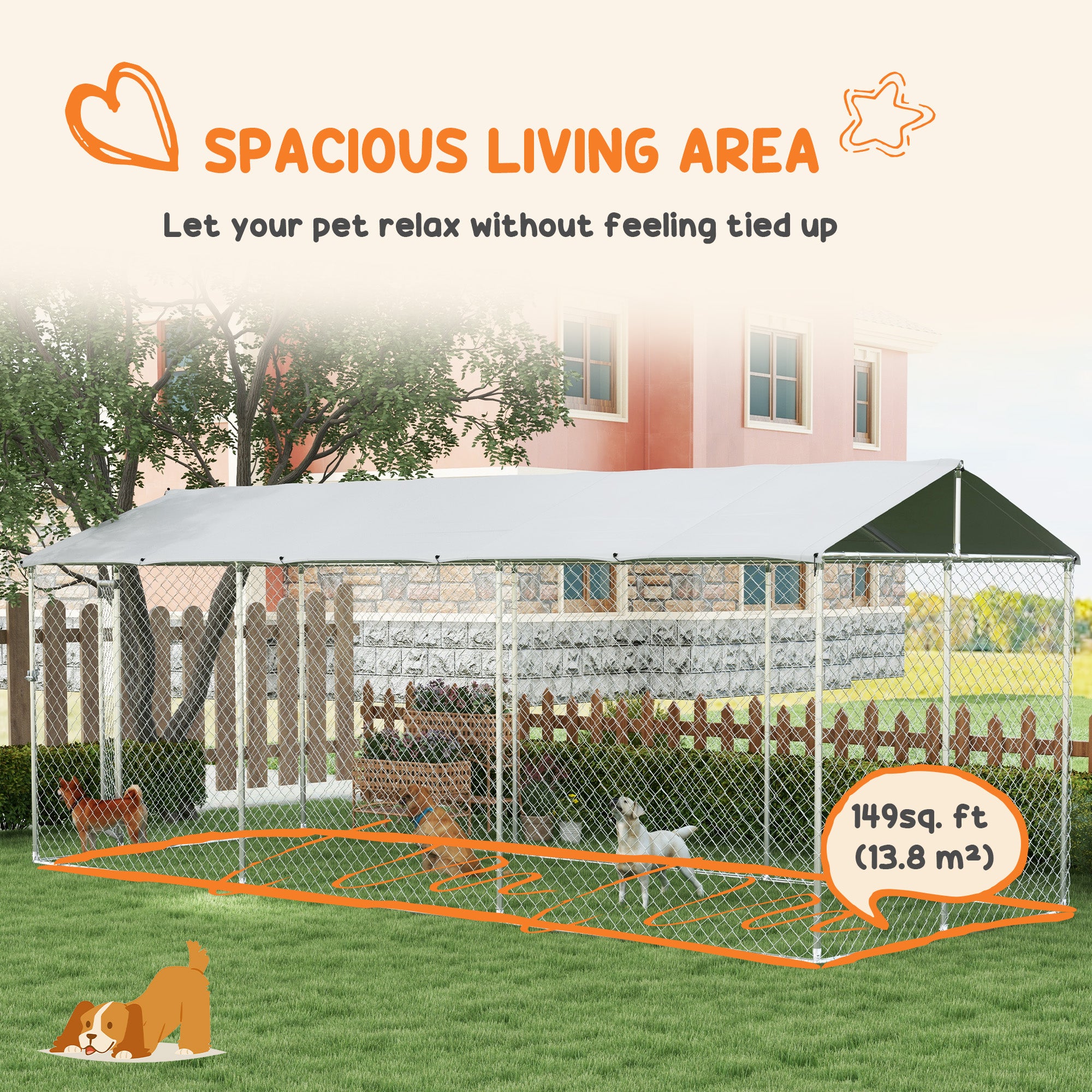 Outdoor Dog Kennel Dog Run with Waterproof, UV Resistant Cover for All-Sized Dogs, 19.7' x 7.5' x 7.5', Silver