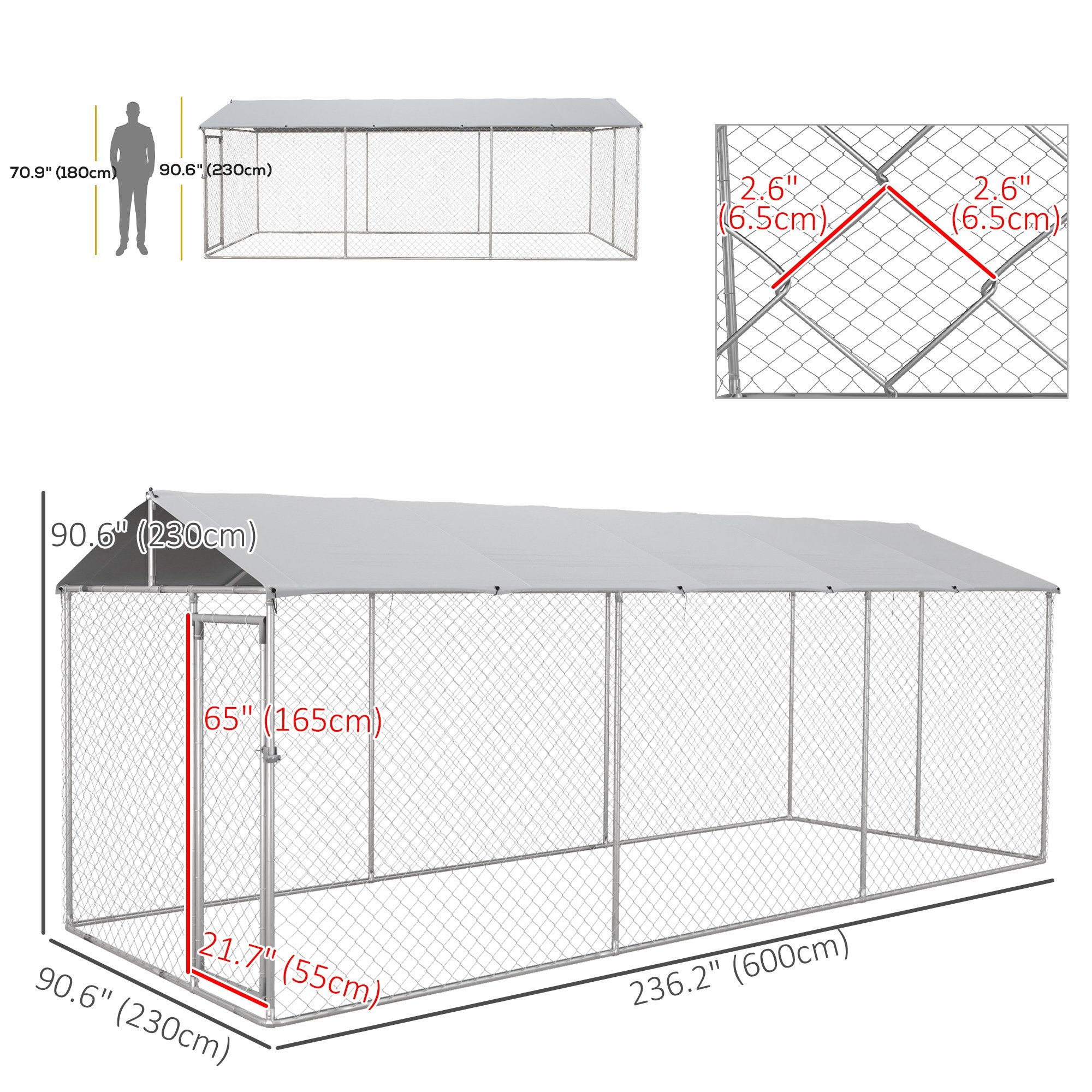 Outdoor Dog Kennel Dog Run with Waterproof, UV Resistant Cover for All-Sized Dogs, 19.7' x 7.5' x 7.5', Silver