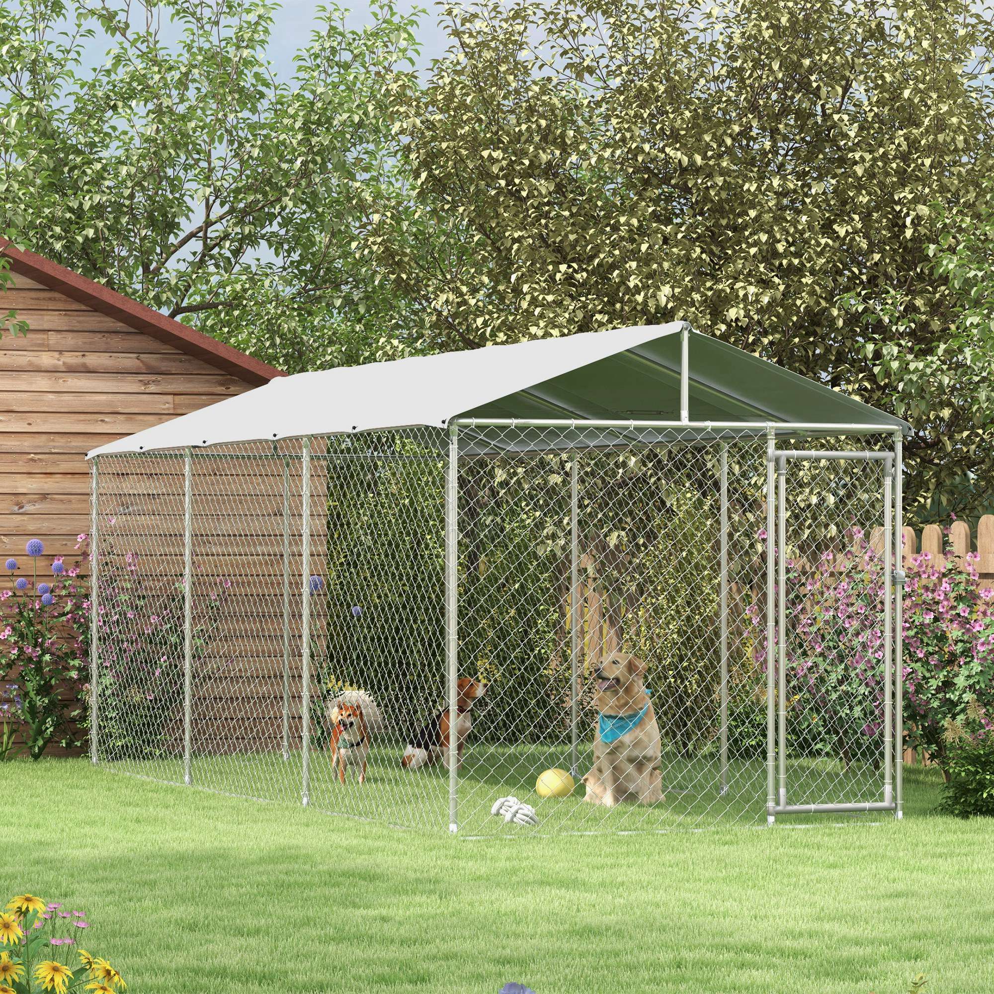 Outdoor Dog Kennel Dog Run with Waterproof, UV Resistant Cover for All-Sized Dogs, 19.7' x 7.5' x 7.5', Silver