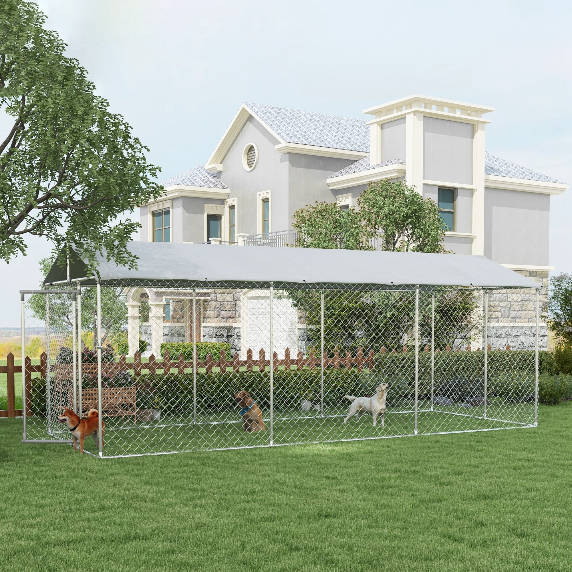 Outdoor Dog Kennel Dog Run with Waterproof, UV Resistant Cover for All-Sized Dogs, 19.7' x 7.5' x 7.5', Silver
