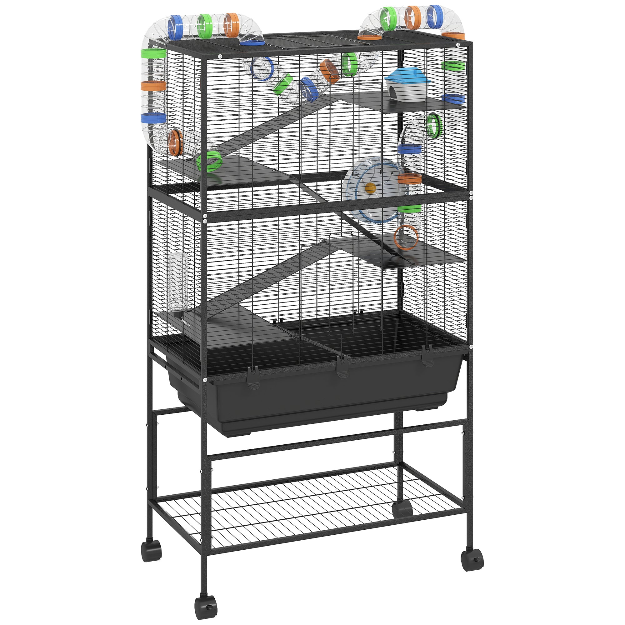 Large Hamster Cage with 7" Deep Tray, 5 Tier Rolling Gerbil Cage with Storage Shelf, Big Exercise Wheel, Tube System, Hut, Platforms, Ramps, for Syrian, Gerbil, Rat
