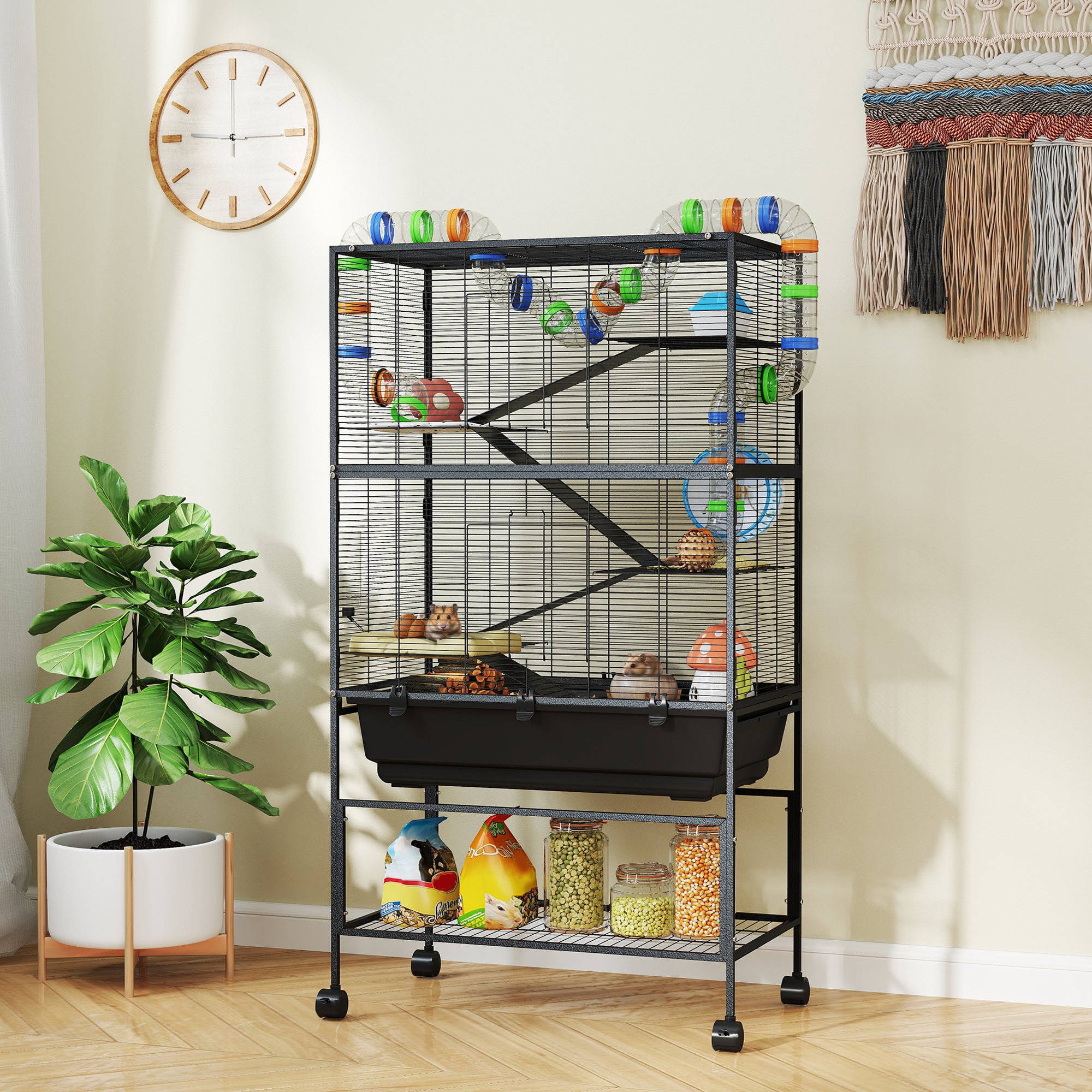 Large Hamster Cage with 7" Deep Tray, 5 Tier Rolling Gerbil Cage with Storage Shelf, Big Exercise Wheel, Tube System, Hut, Platforms, Ramps, for Syrian, Gerbil, Rat