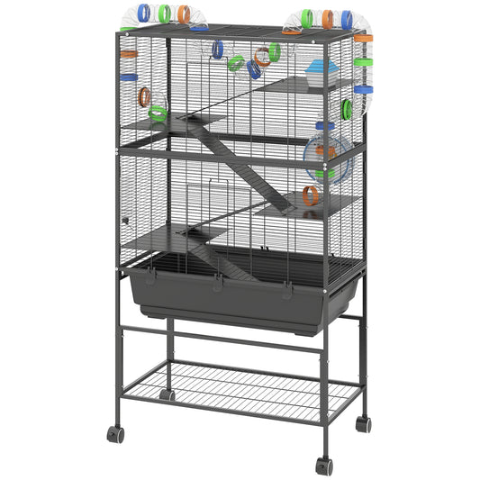 Hamster Cage with Deep Tray, 5 Tier Rolling Rat Cage with Storage Shelf, Big Exercise Wheel, Tube System, Hut, Platforms, Ramps, Food Dish, Water Bottle, for Syrian, Gerbil, Mouse