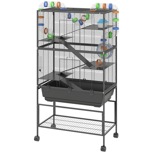 Large Hamster Cage with 7" Deep Tray, 5 Tier Rolling Gerbil Cage with Storage Shelf, Big Exercise Wheel, Tube System, Hut, Platforms, Ramps, for Syrian, Gerbil, Rat