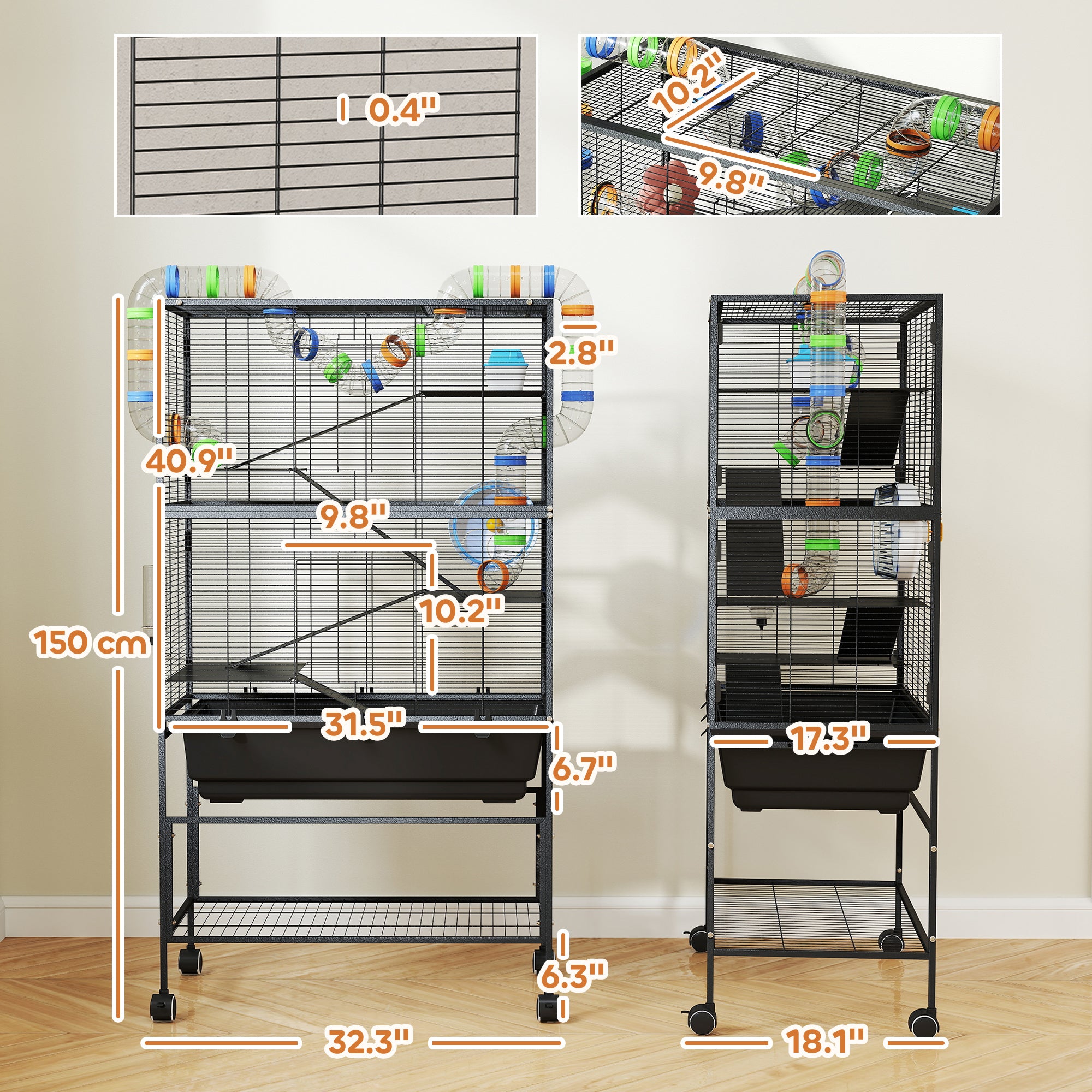 Hamster Cage with Deep Tray, 5 Tier Rolling Rat Cage with Storage Shelf, Big Exercise Wheel, Tube System, Hut, Platforms, Ramps, Food Dish, Water Bottle, for Syrian, Gerbil, Mouse