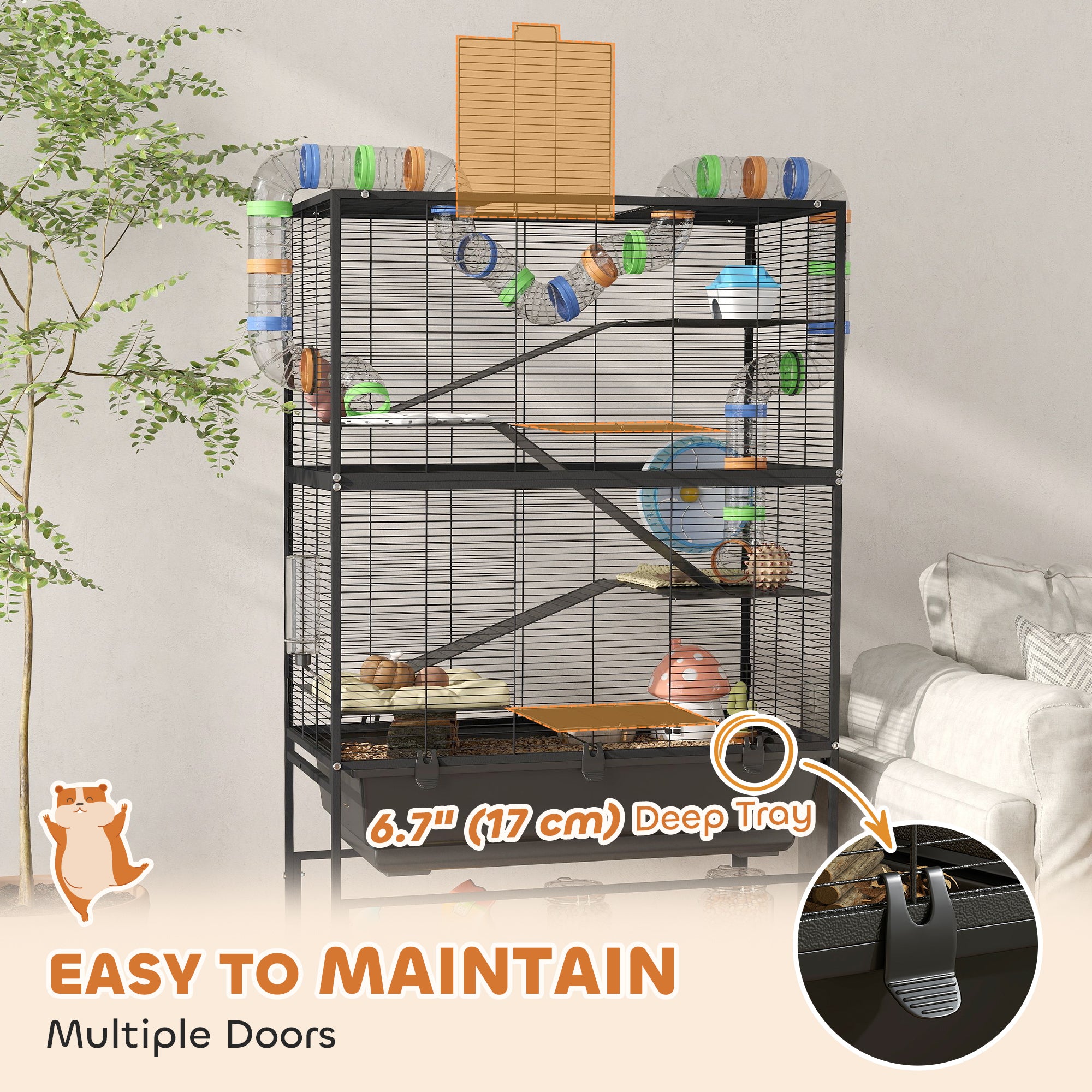 Large Hamster Cage with 7" Deep Tray, 5 Tier Rolling Gerbil Cage with Storage Shelf, Big Exercise Wheel, Tube System, Hut, Platforms, Ramps, for Syrian, Gerbil, Rat