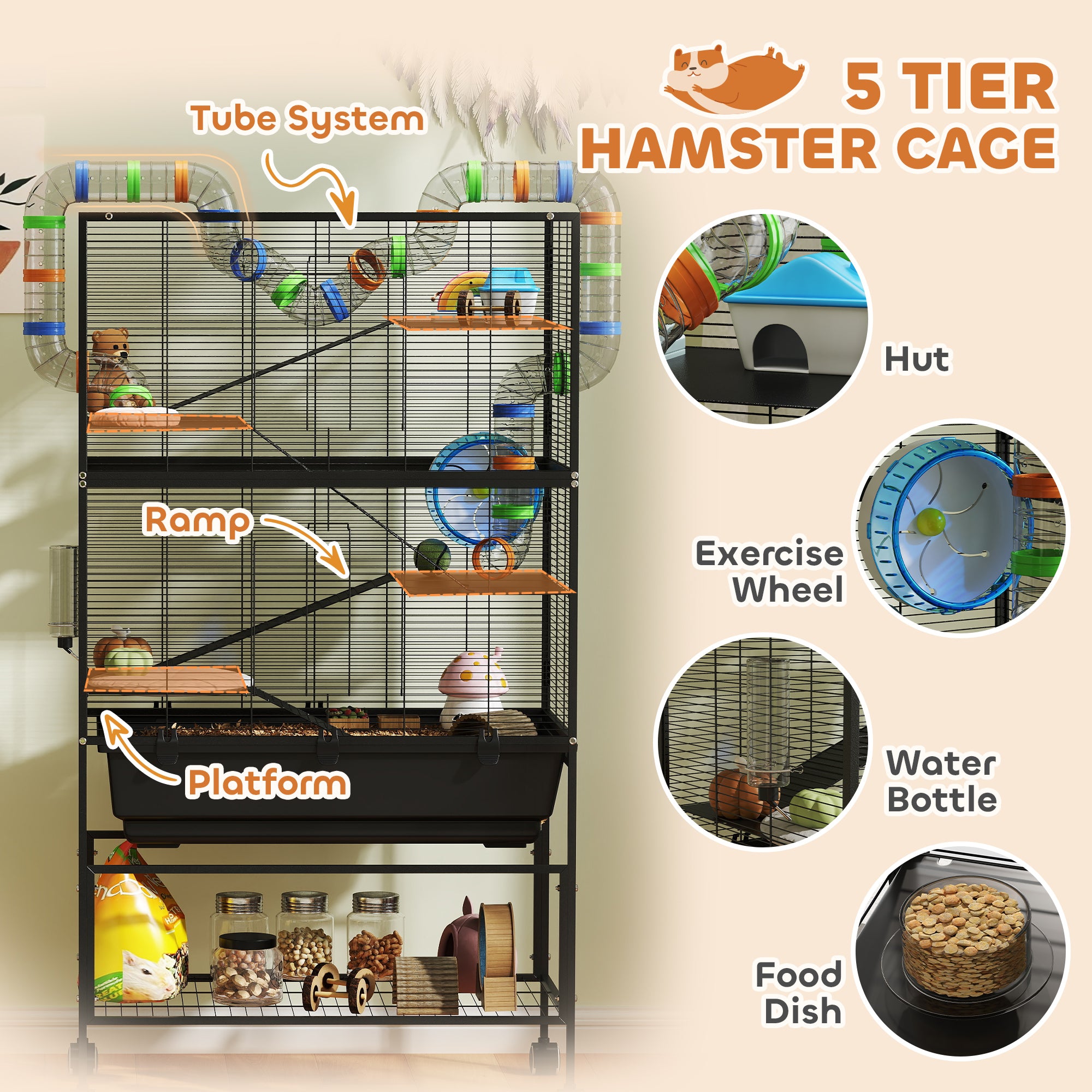 Hamster Cage with Deep Tray, 5 Tier Rolling Rat Cage with Storage Shelf, Big Exercise Wheel, Tube System, Hut, Platforms, Ramps, Food Dish, Water Bottle, for Syrian, Gerbil, Mouse