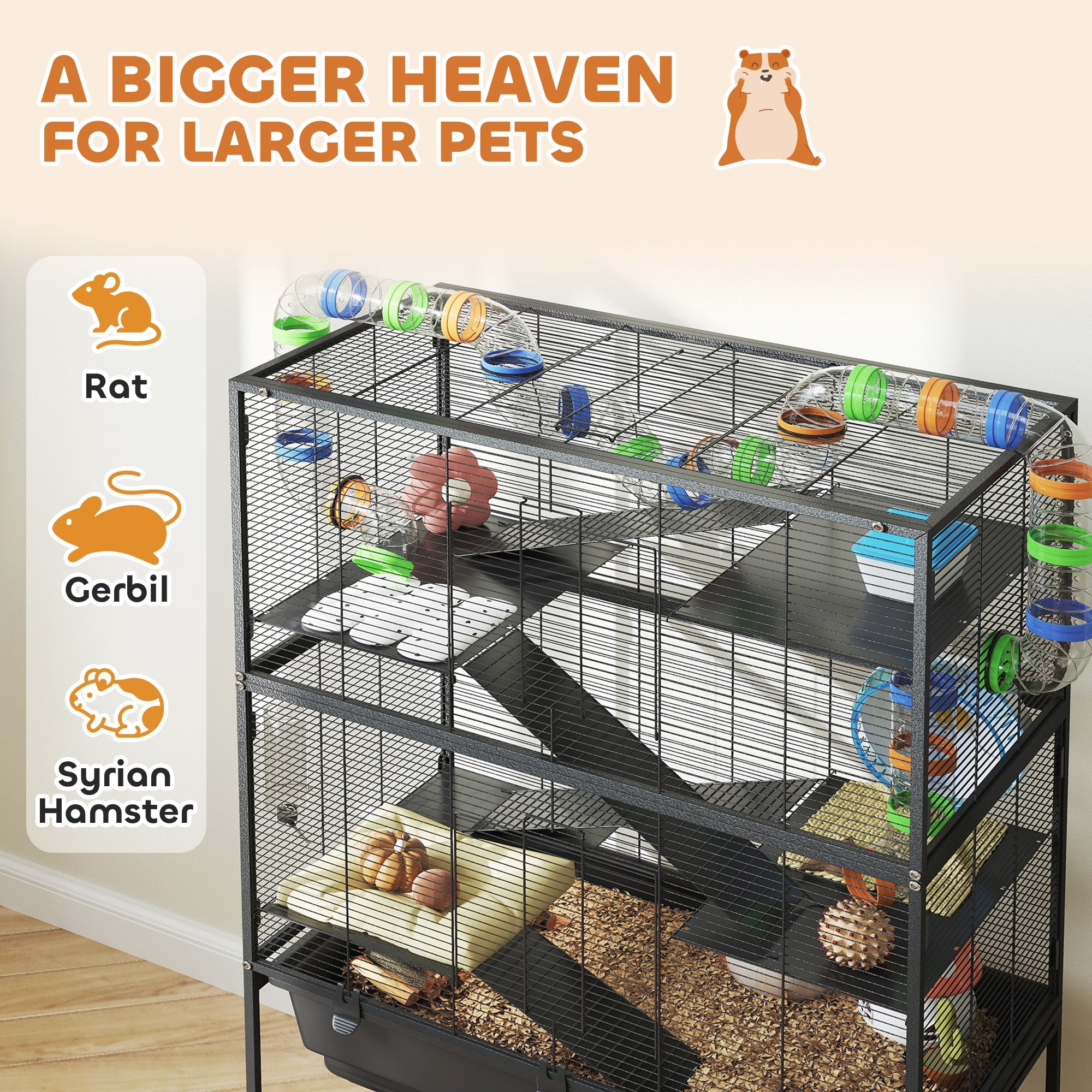 Large Hamster Cage with 7" Deep Tray, 5 Tier Rolling Gerbil Cage with Storage Shelf, Big Exercise Wheel, Tube System, Hut, Platforms, Ramps, for Syrian, Gerbil, Rat