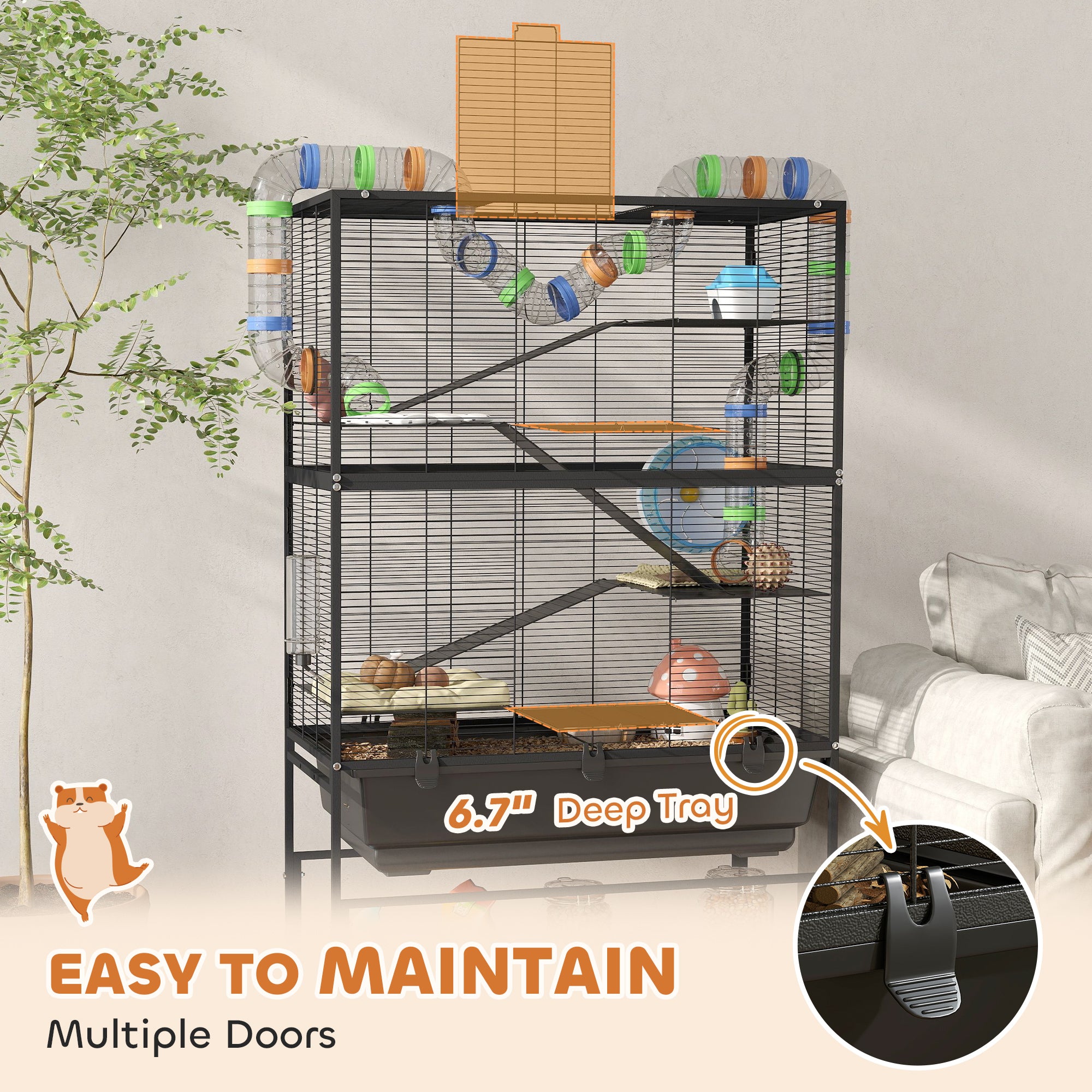 Hamster Cage with Deep Tray, 5 Tier Rolling Rat Cage with Storage Shelf, Big Exercise Wheel, Tube System, Hut, Platforms, Ramps, Food Dish, Water Bottle, for Syrian, Gerbil, Mouse