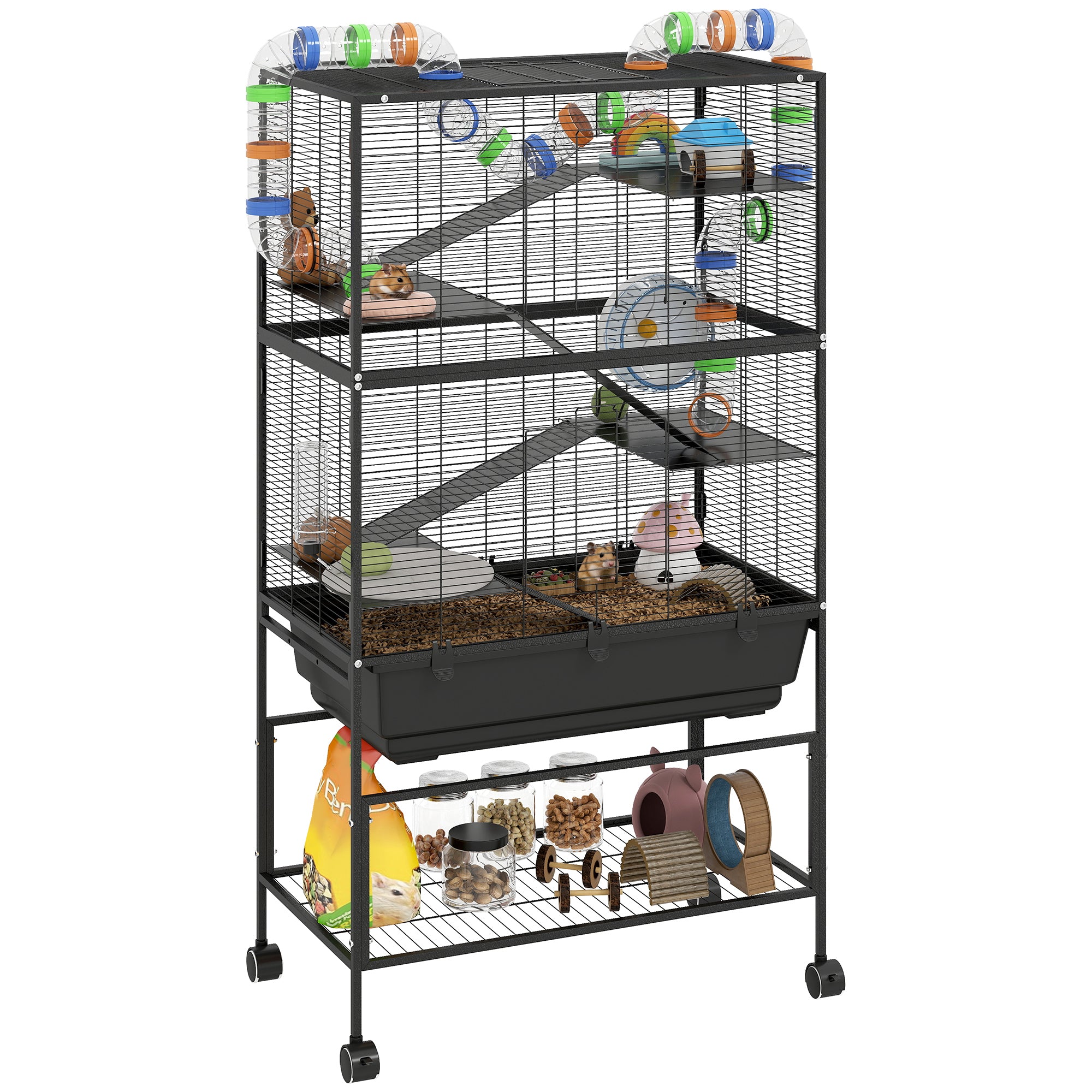 Hamster Cage with Deep Tray, 5 Tier Rolling Rat Cage with Storage Shelf, Big Exercise Wheel, Tube System, Hut, Platforms, Ramps, Food Dish, Water Bottle, for Syrian, Gerbil, Mouse