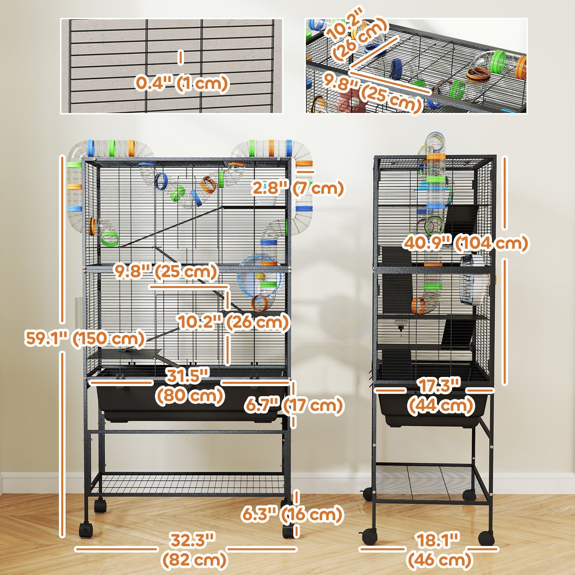 Large Hamster Cage with 7" Deep Tray, 5 Tier Rolling Gerbil Cage with Storage Shelf, Big Exercise Wheel, Tube System, Hut, Platforms, Ramps, for Syrian, Gerbil, Rat