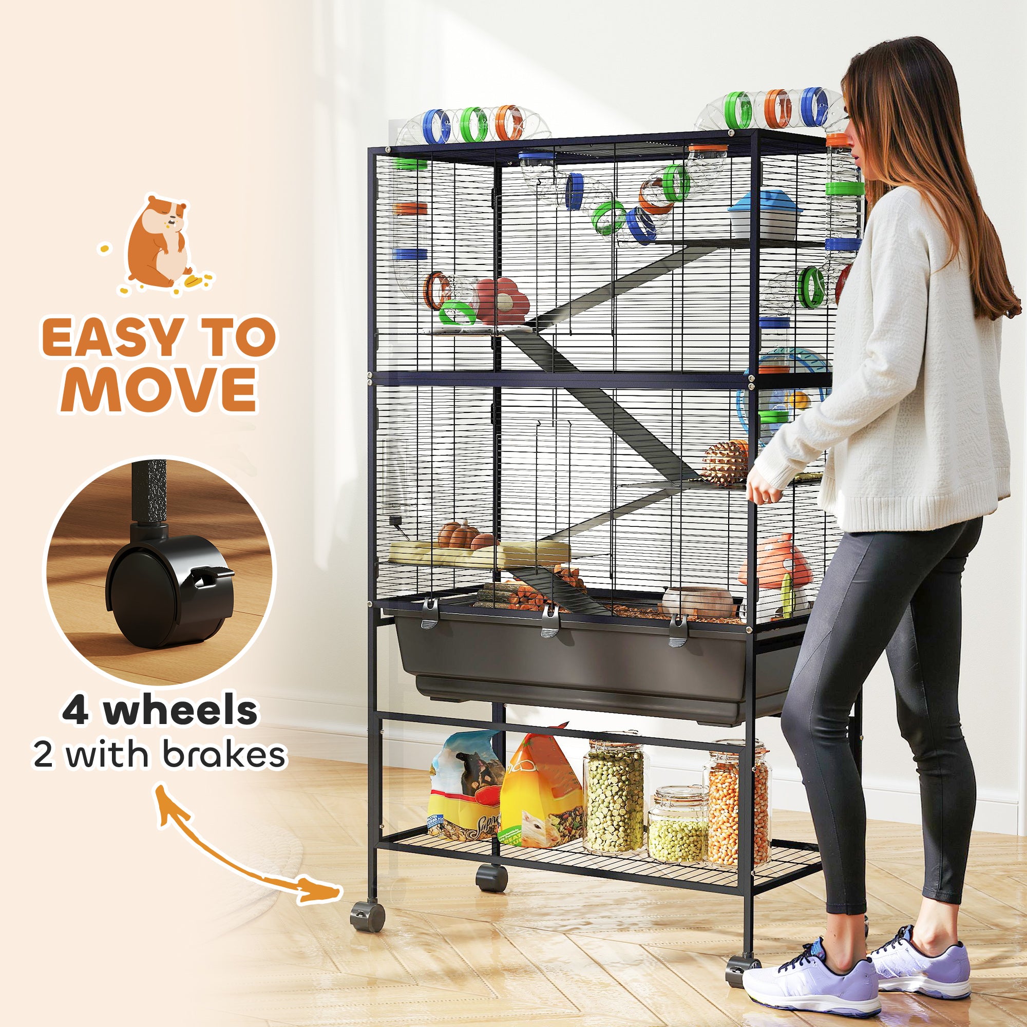 Large Hamster Cage with 7" Deep Tray, 5 Tier Rolling Gerbil Cage with Storage Shelf, Big Exercise Wheel, Tube System, Hut, Platforms, Ramps, for Syrian, Gerbil, Rat