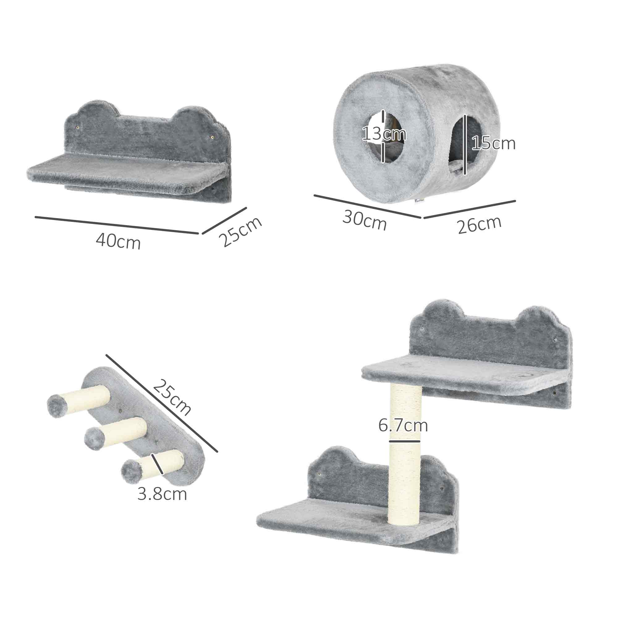 4PCs Wall Mounted Cat Tree, Cat Wall Furniture with Platforms, Steps, Scratching Post, Perch, Cat House for Indoor Cats - Grey