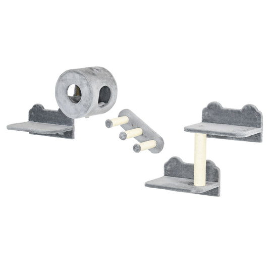 4PCs Wall Mounted Cat Tree, Cat Wall Furniture with Platforms, Steps, Scratching Post, Perch, Cat House for Indoor Cats - Grey